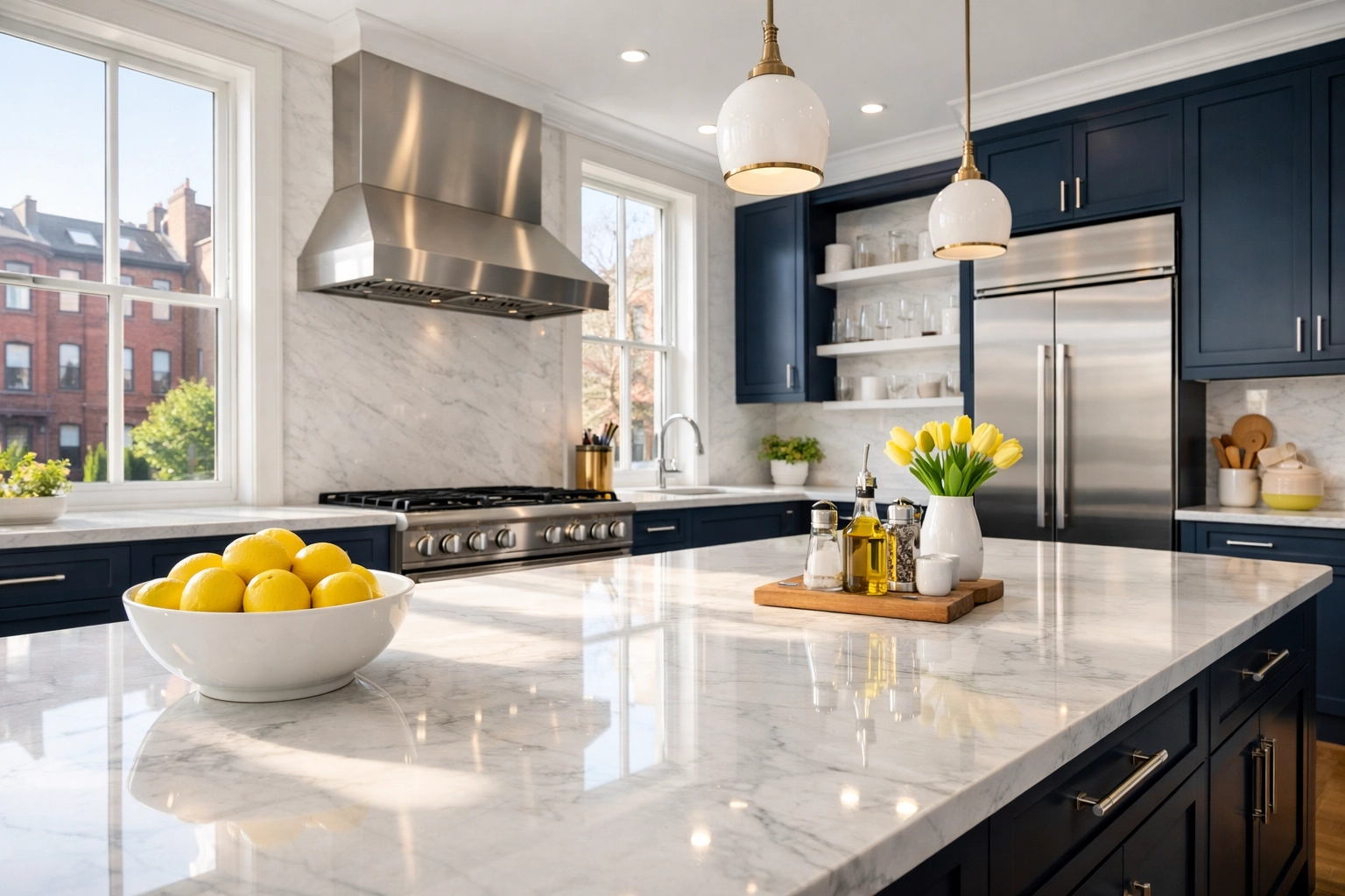 Pristine kitchen with marble counters ready for move-in via professional cleaners Boston MA.
