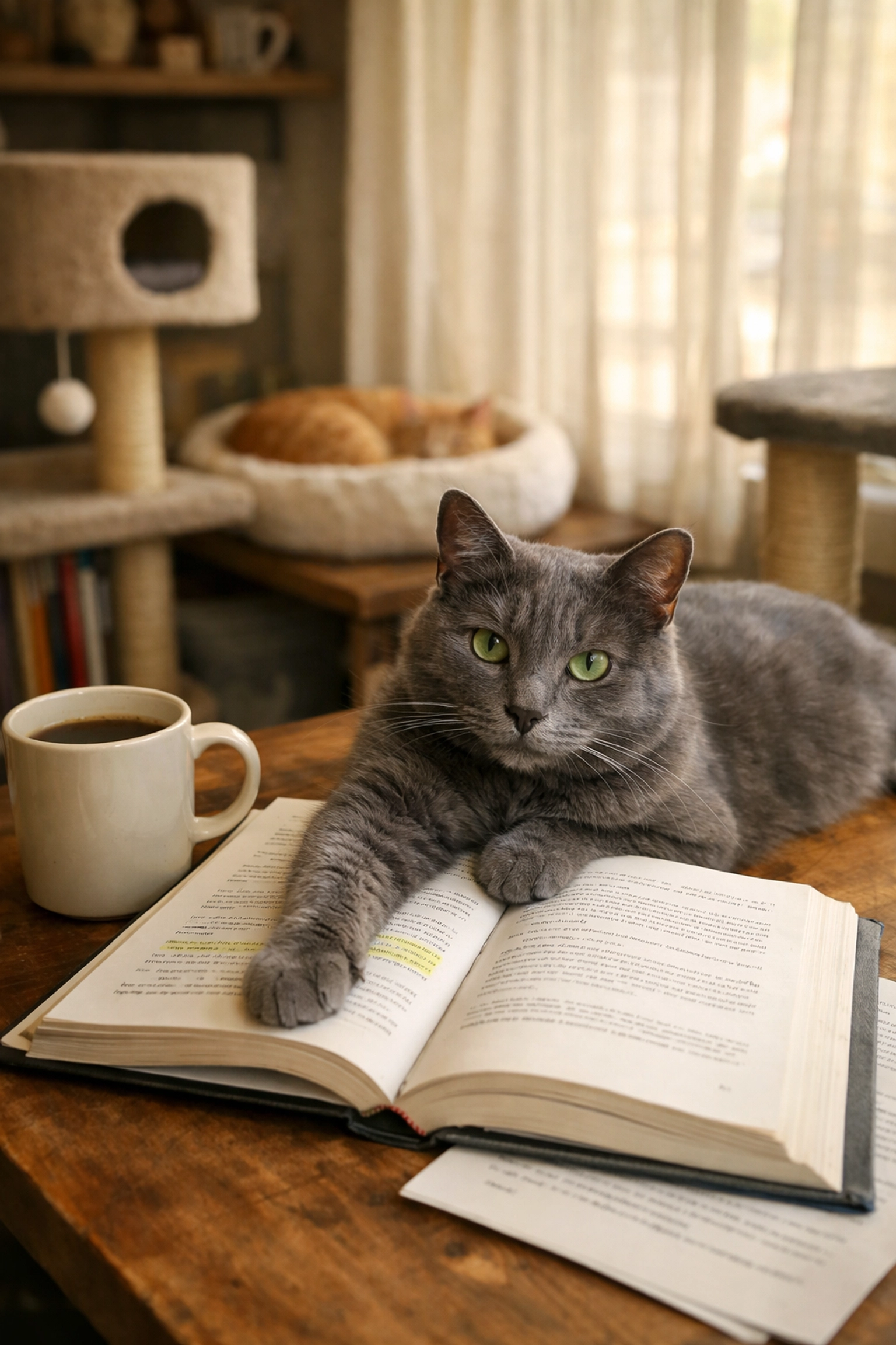 Gray cat stretched across open textbook and notebook at cat lounge study session