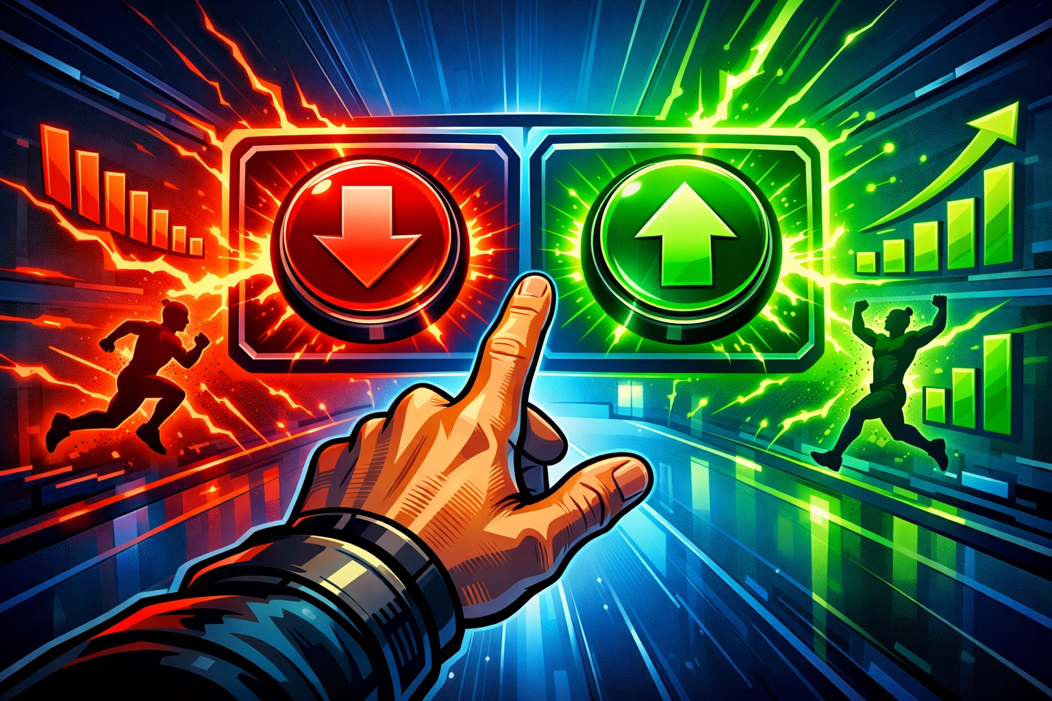 A trader choosing between buy and sell signals on a digital sports token investment interface.