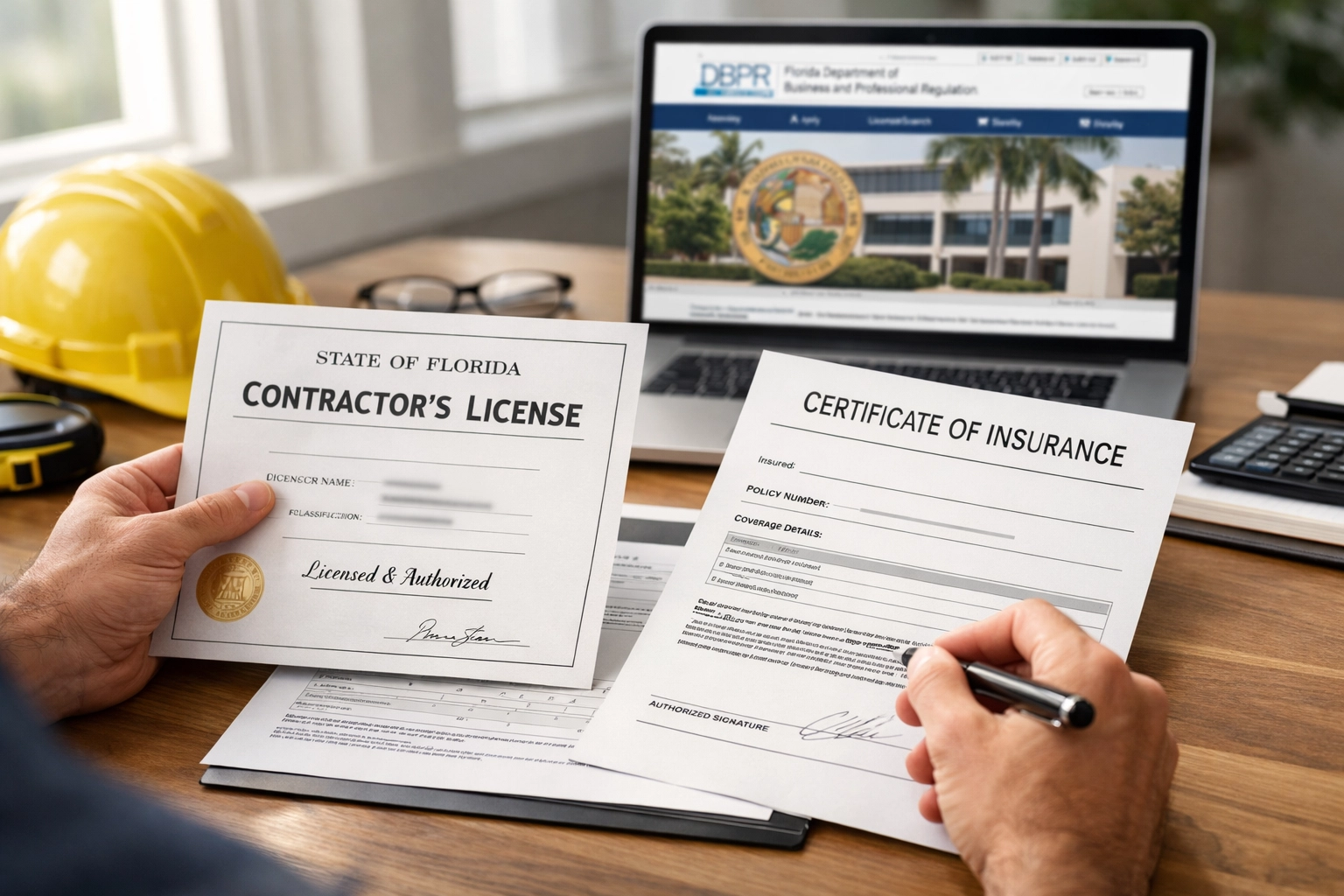 Florida contractor licensing documents and insurance certificates for Orlando remodeling verification