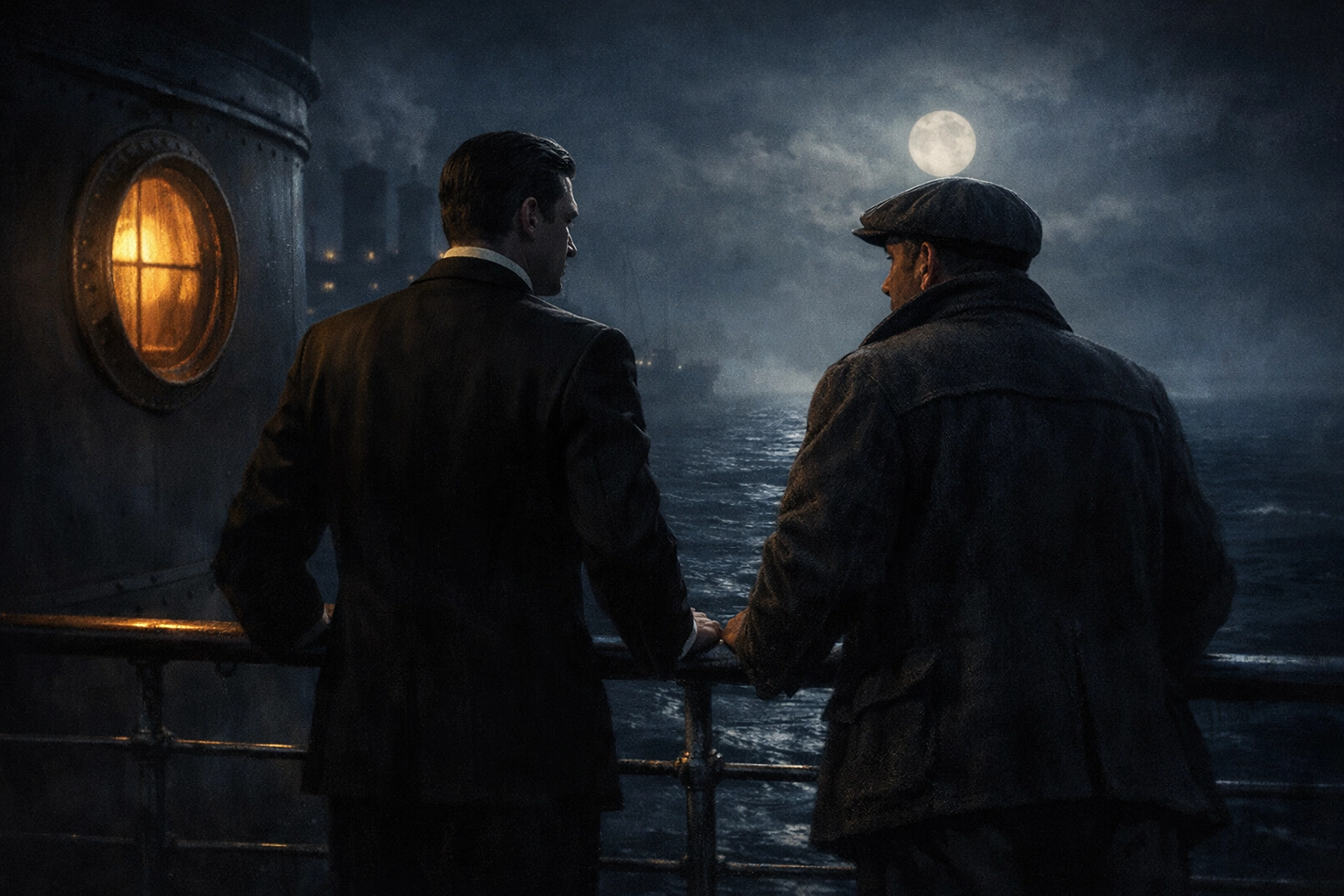A secret midnight romantic meeting between two men of different social classes on a 1920s ocean liner deck.