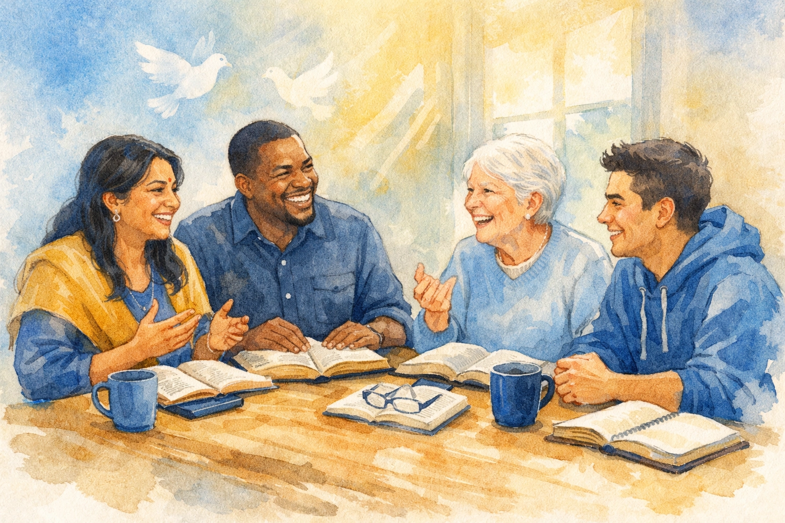 Diverse Christian small group studying Bible together around table in genuine faith community