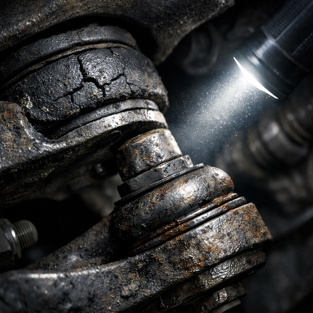 Close-up of a worn ball joint and cracked suspension bushing in need of repair.