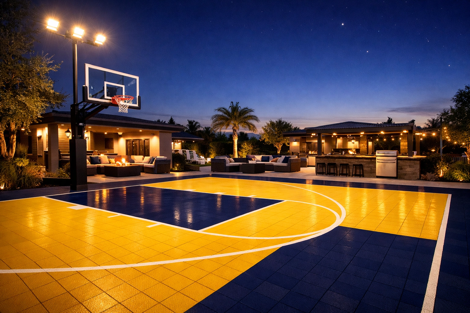Luxury backyard basketball court with professional tiles and LED lighting, enhancing property value.