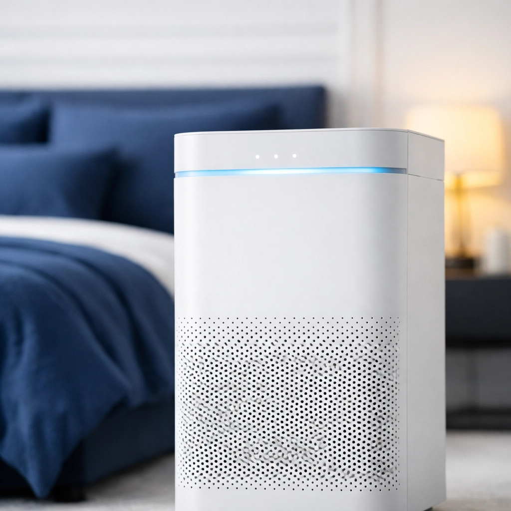 Minimalist air purifier in a luxury bedroom to filter VOCs and new house construction odors.