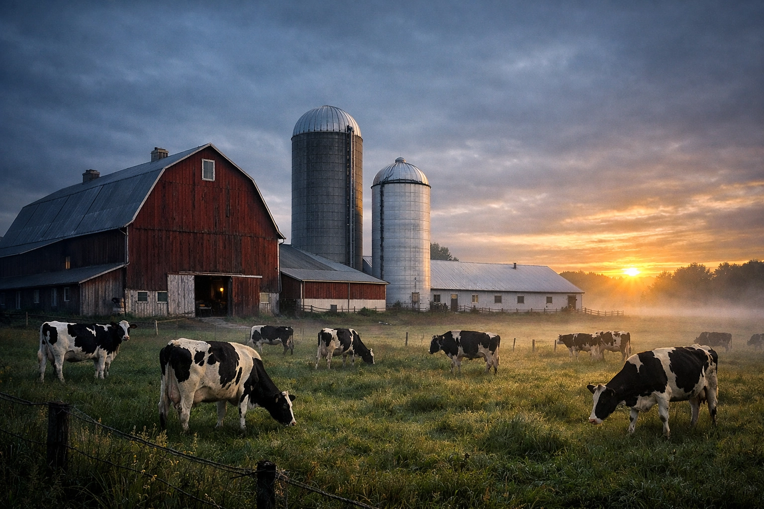Small family dairy farm in rural Quebec with red barn and Holstein cows grazing at dawn