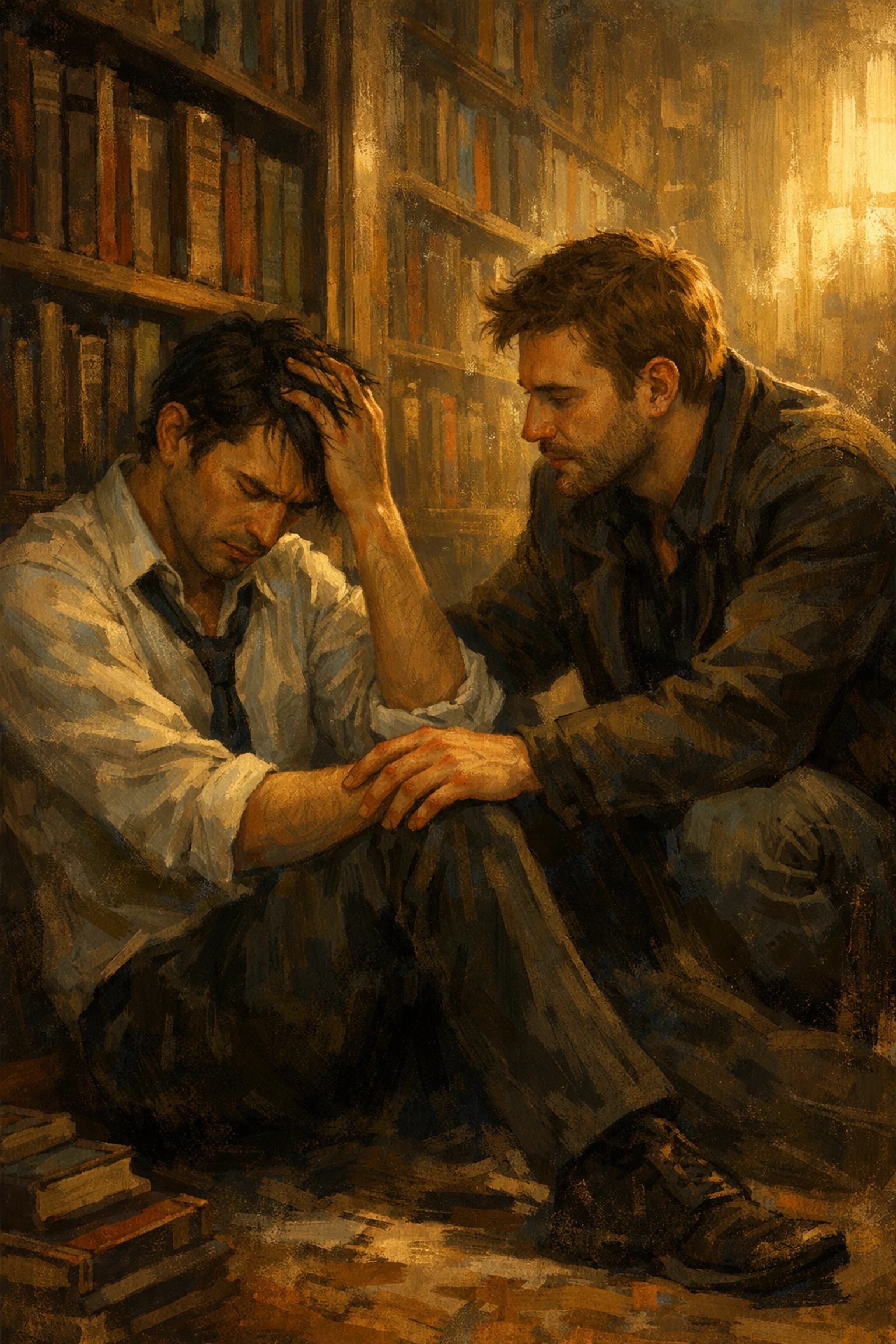 A vulnerable moment of comfort between two men in a library, showing emotional depth in MM novels.