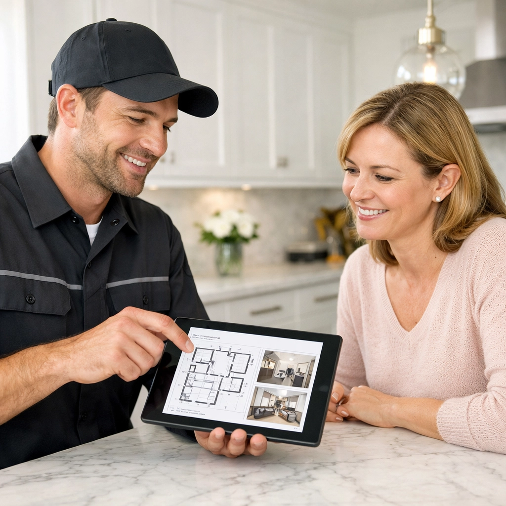 Portland Maine electrician using a tablet to review project plans with a residential client.