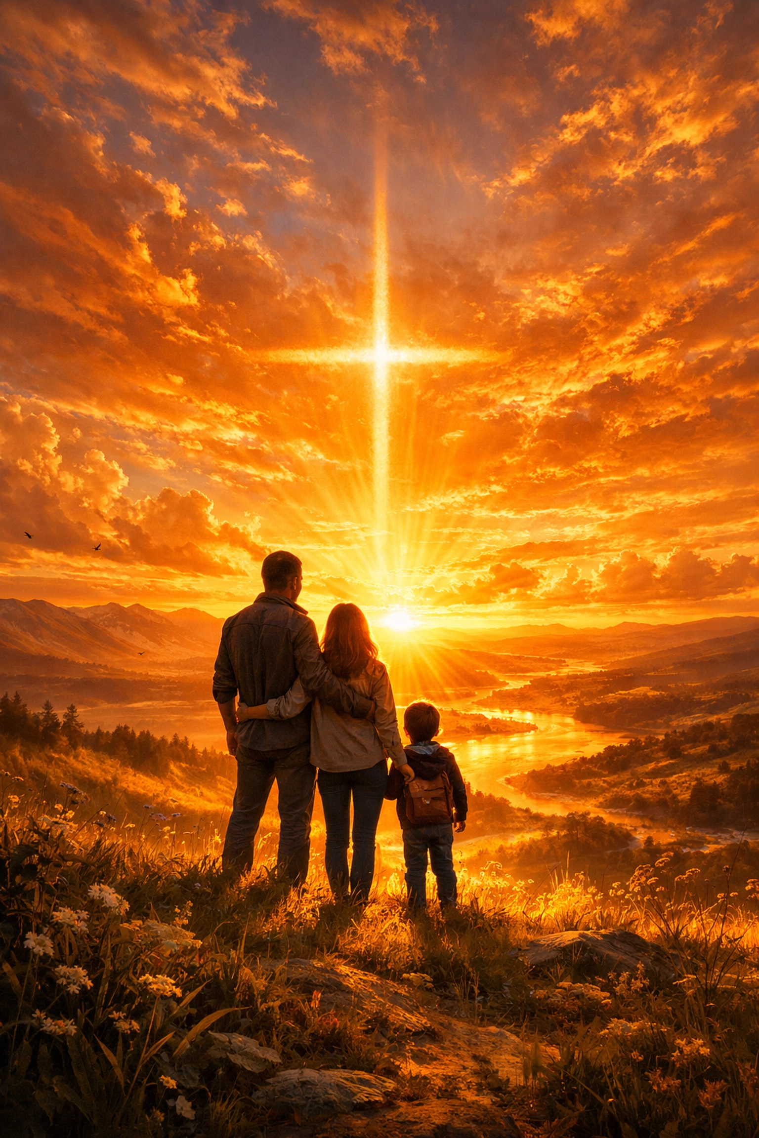 A family looks toward a bright sunset, symbolizing the eternal hope of the Gospel and faith in Jesus Christ.
