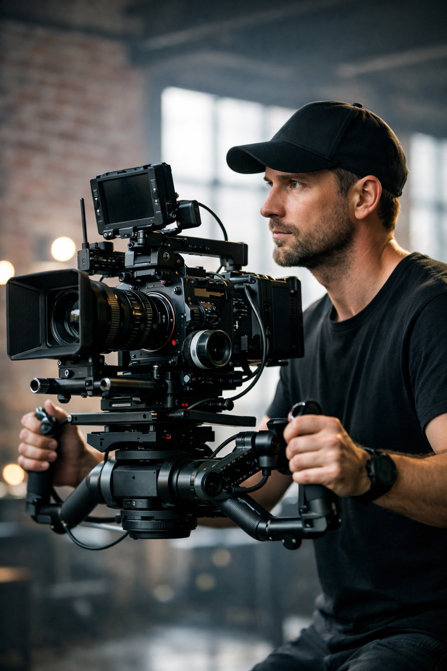 Professional cinematographer filming high-quality commercial video in a bright industrial loft studio.