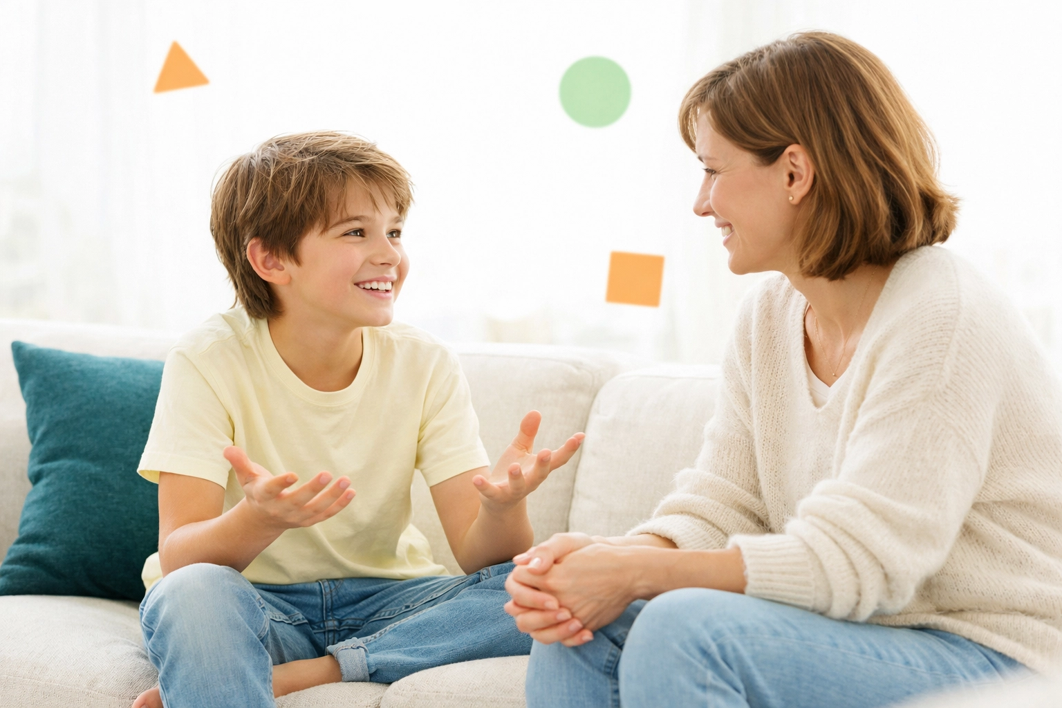 Parent and child having meaningful conversation about faith-based life skills at home