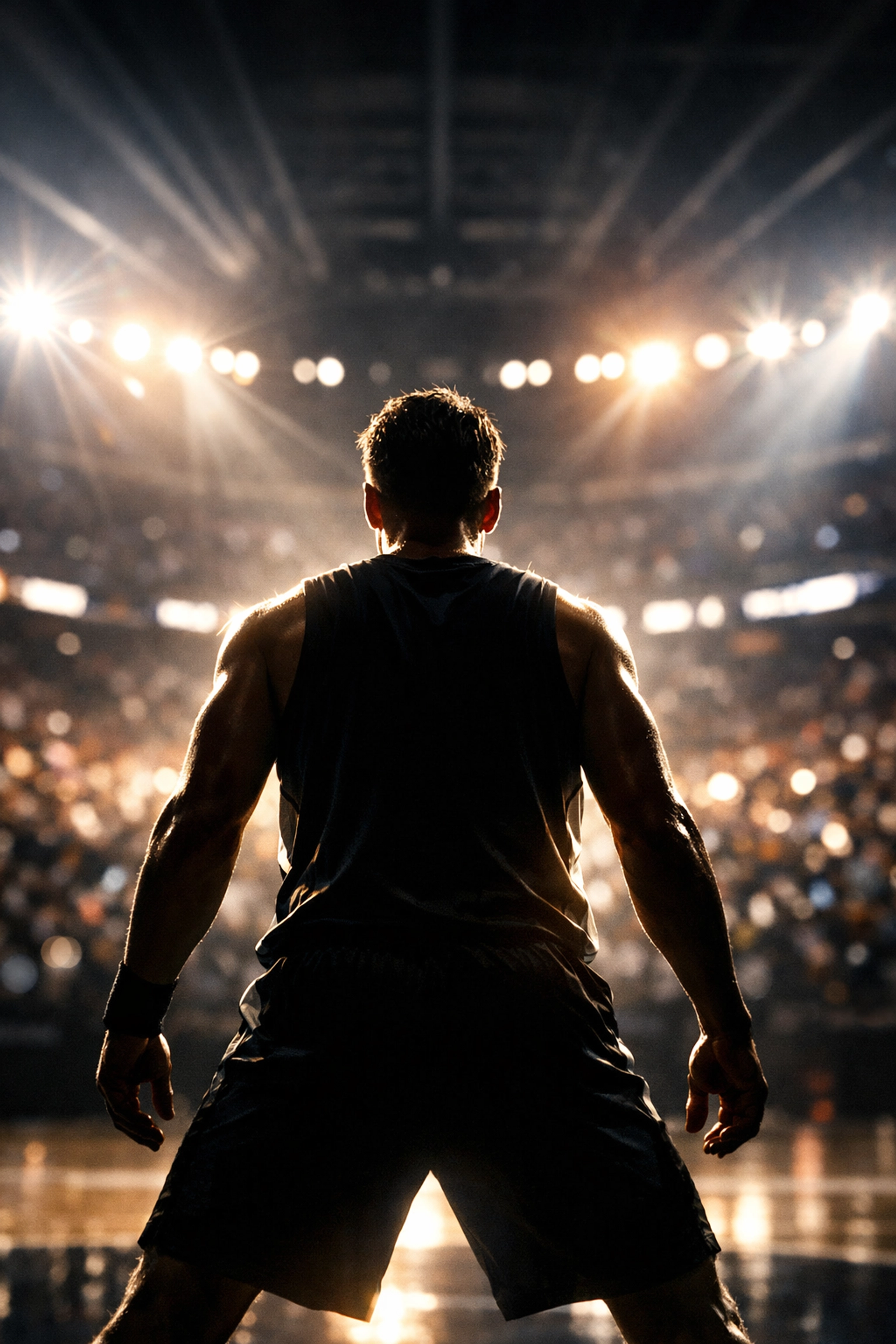 Focused athlete looking out at stadium before competition showing mental preparation and readiness