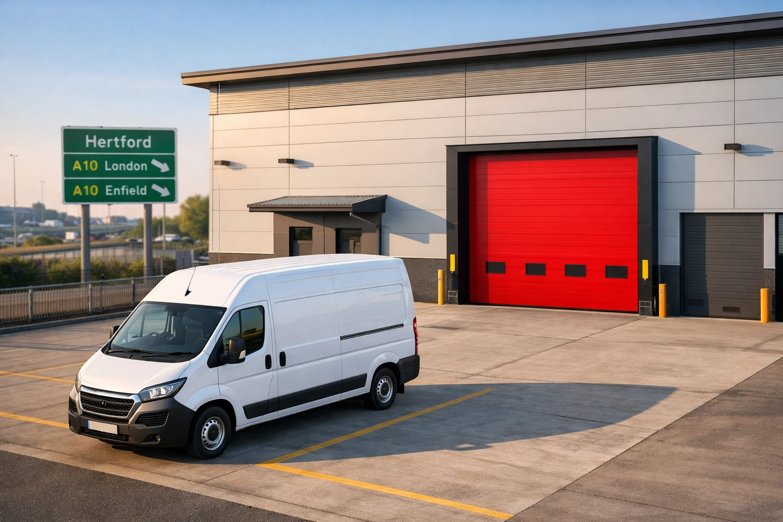 White delivery van at a modern Hertford storage facility for e-commerce logistics near London.