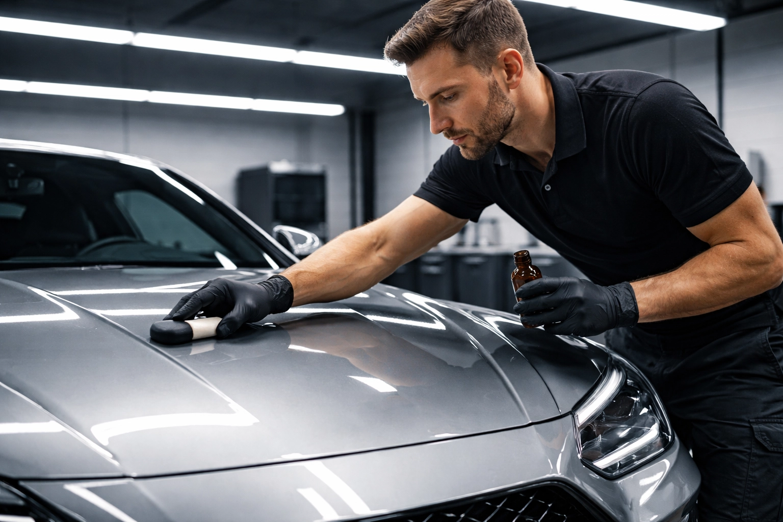 Professional detailer applying ceramic coating to a silver car, illustrating expert car body protection.