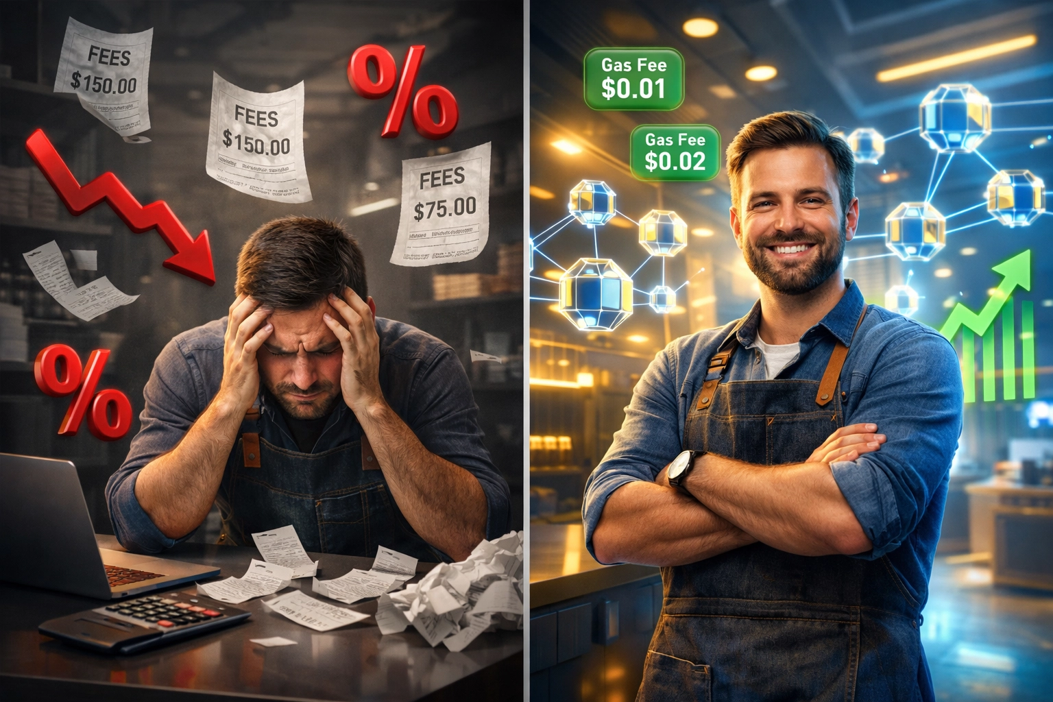 Comparison of high crypto payment fees with custodial processors vs low fees with self-custody accounts