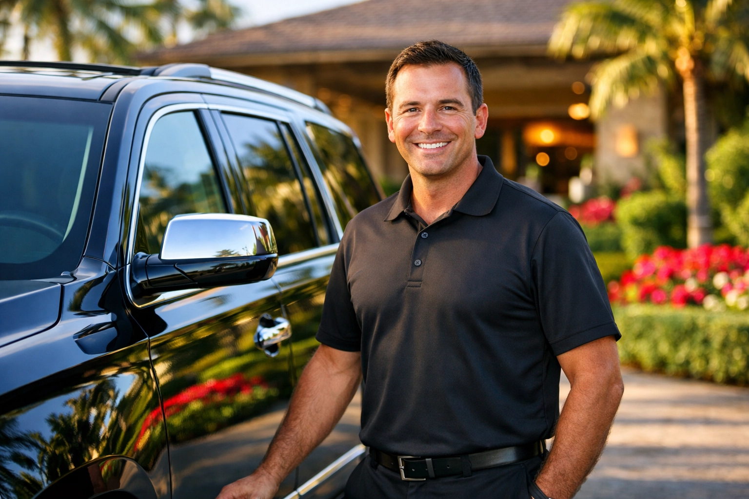 Professional driver standing by a premium SUV for a private transfer Liberia airport service.