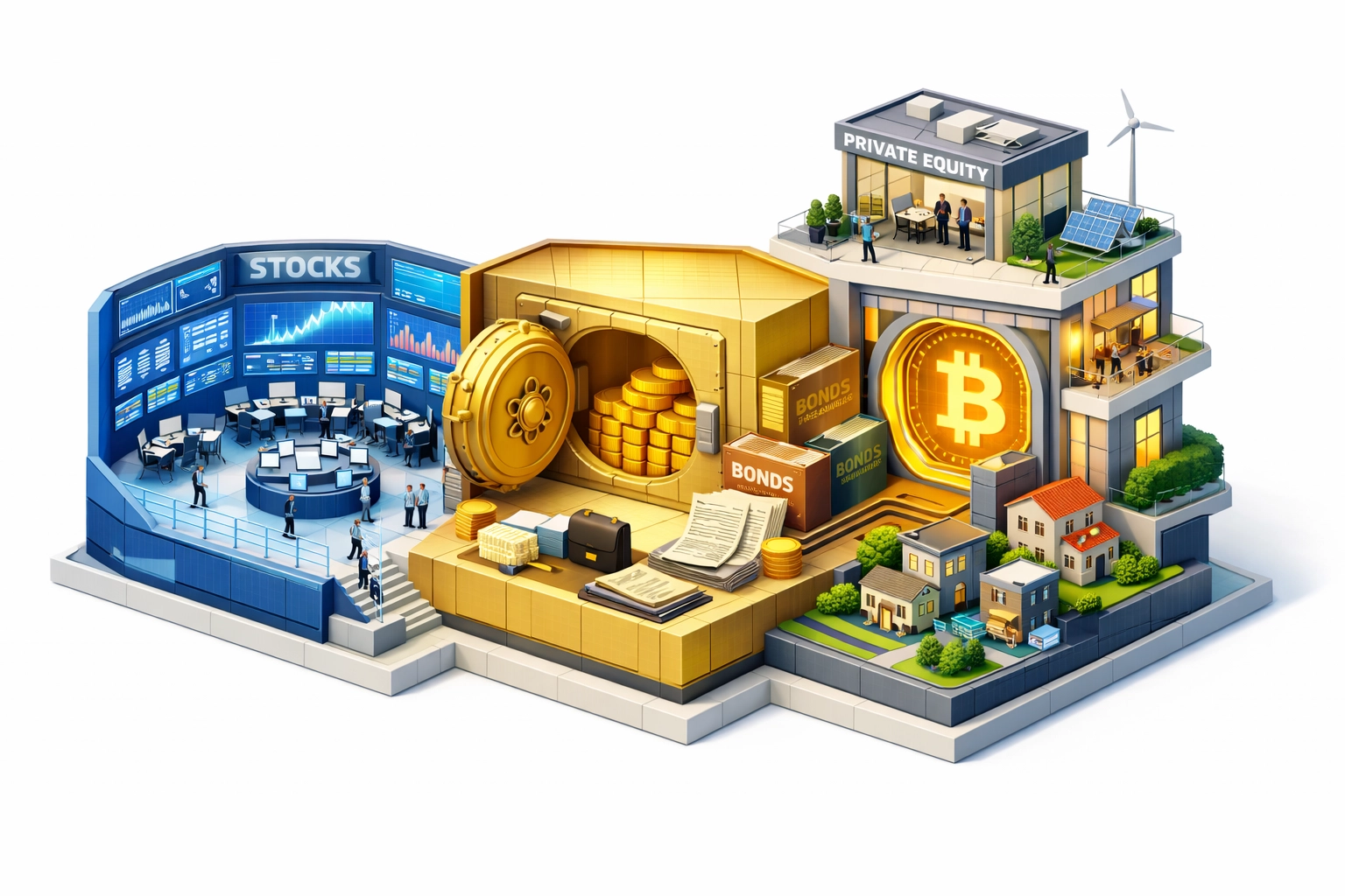 Balanced portfolio structure with 40% equities, 30% bonds, and 30% alternative investments