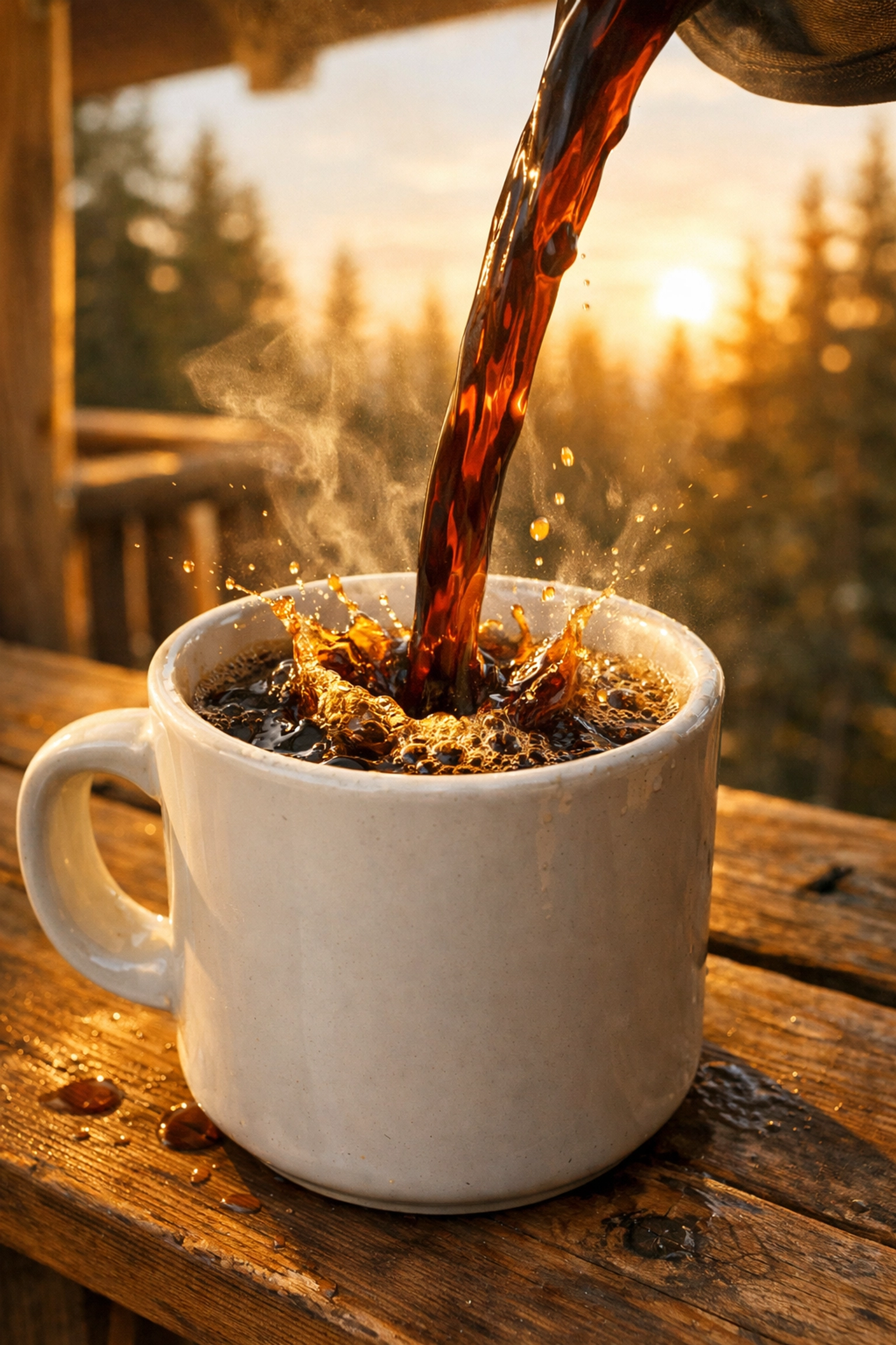 Pouring a fresh cup of clean, mold-free coffee into a mug at sunrise on a wooden porch.