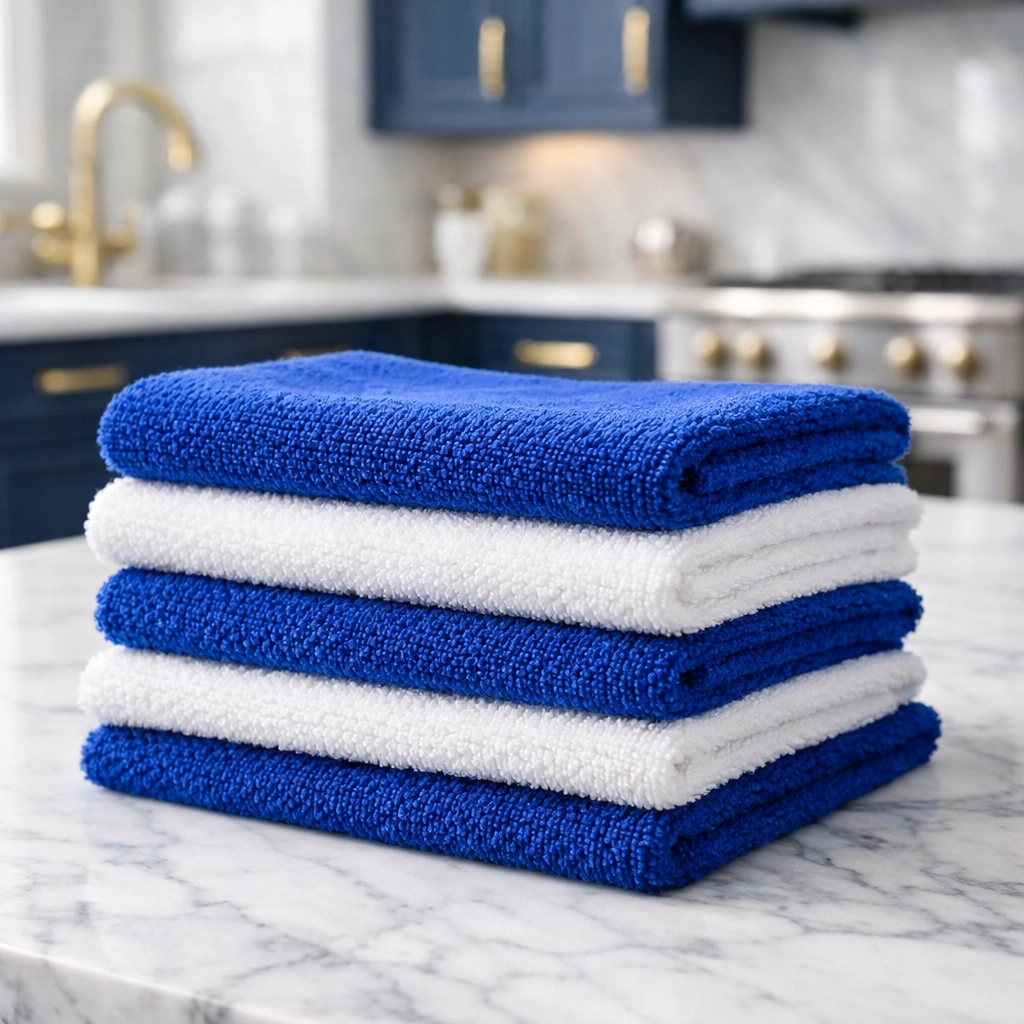 Premium microfiber cloths on marble for residential cleaning Massachusetts luxury homes.