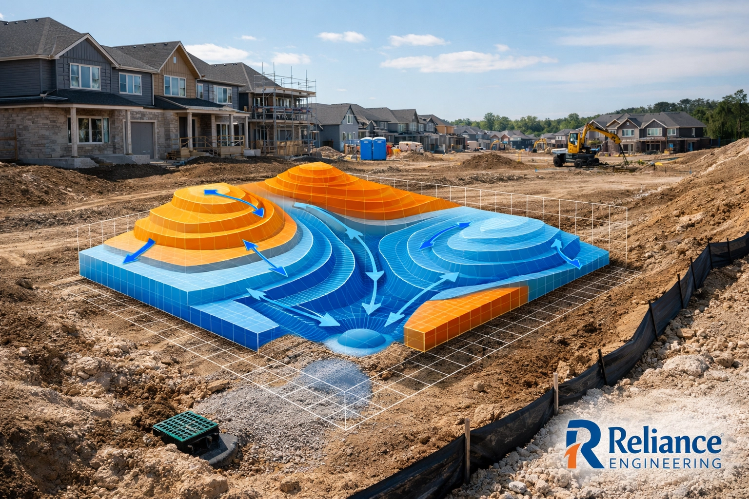 Professional site grading plan and drainage contours for an Ontario residential building permit application.