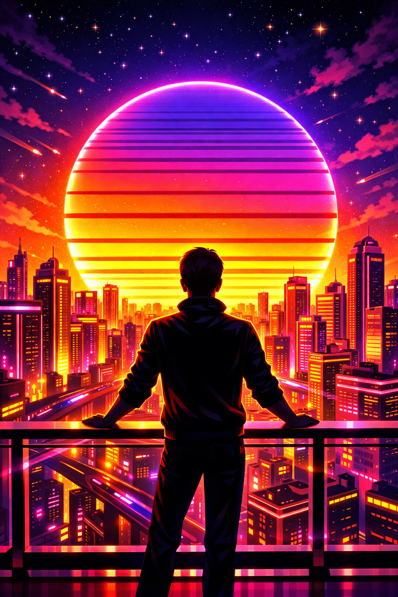 A person reflecting on personal boundaries while overlooking a vibrant, neon city skyline.