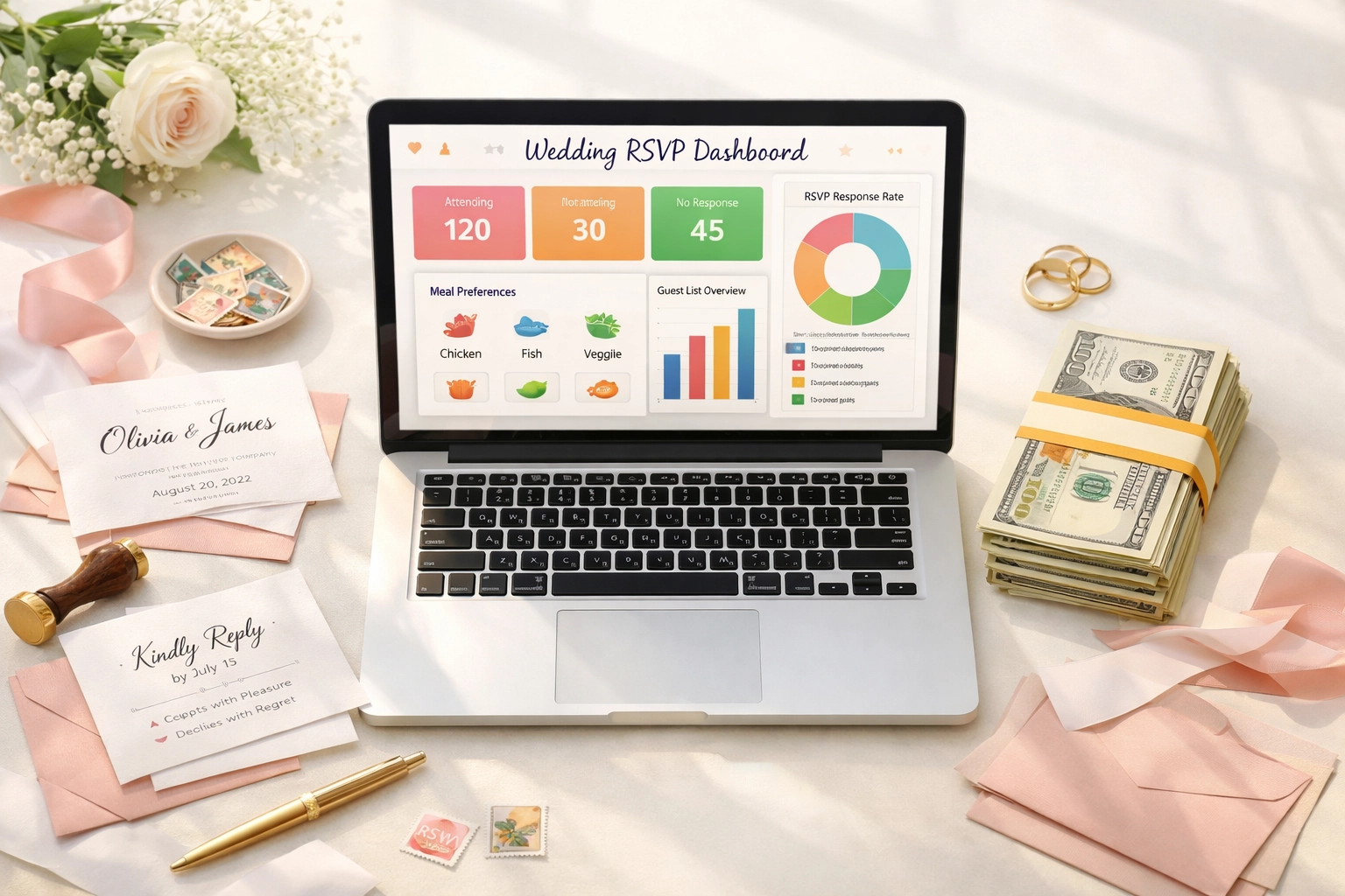 Digital wedding RSVP system on laptop next to paper invitations and cash showing cost savings