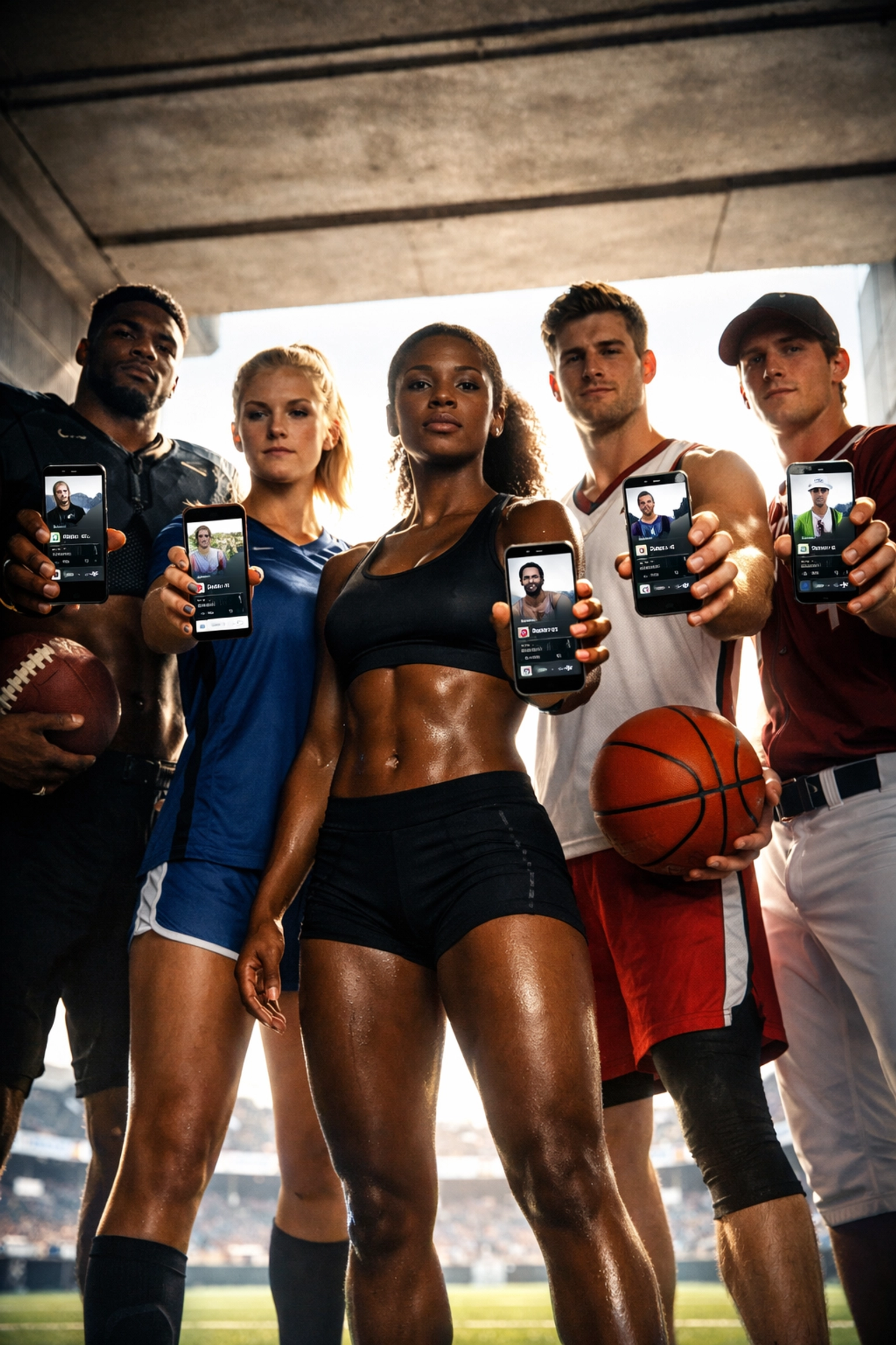 College athletes with smartphones in stadium tunnel representing NIL marketing opportunities