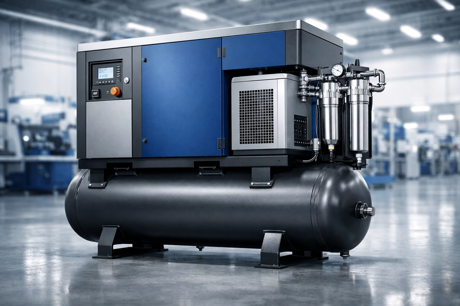 All-in-one industrial screw air compressor for sale with integrated air dryer and tank for laser cutting.