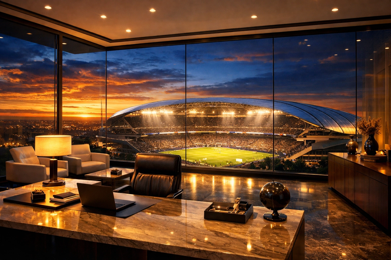 Luxury executive suite overlooking a football stadium, representing elite Super Bowl brand presence.