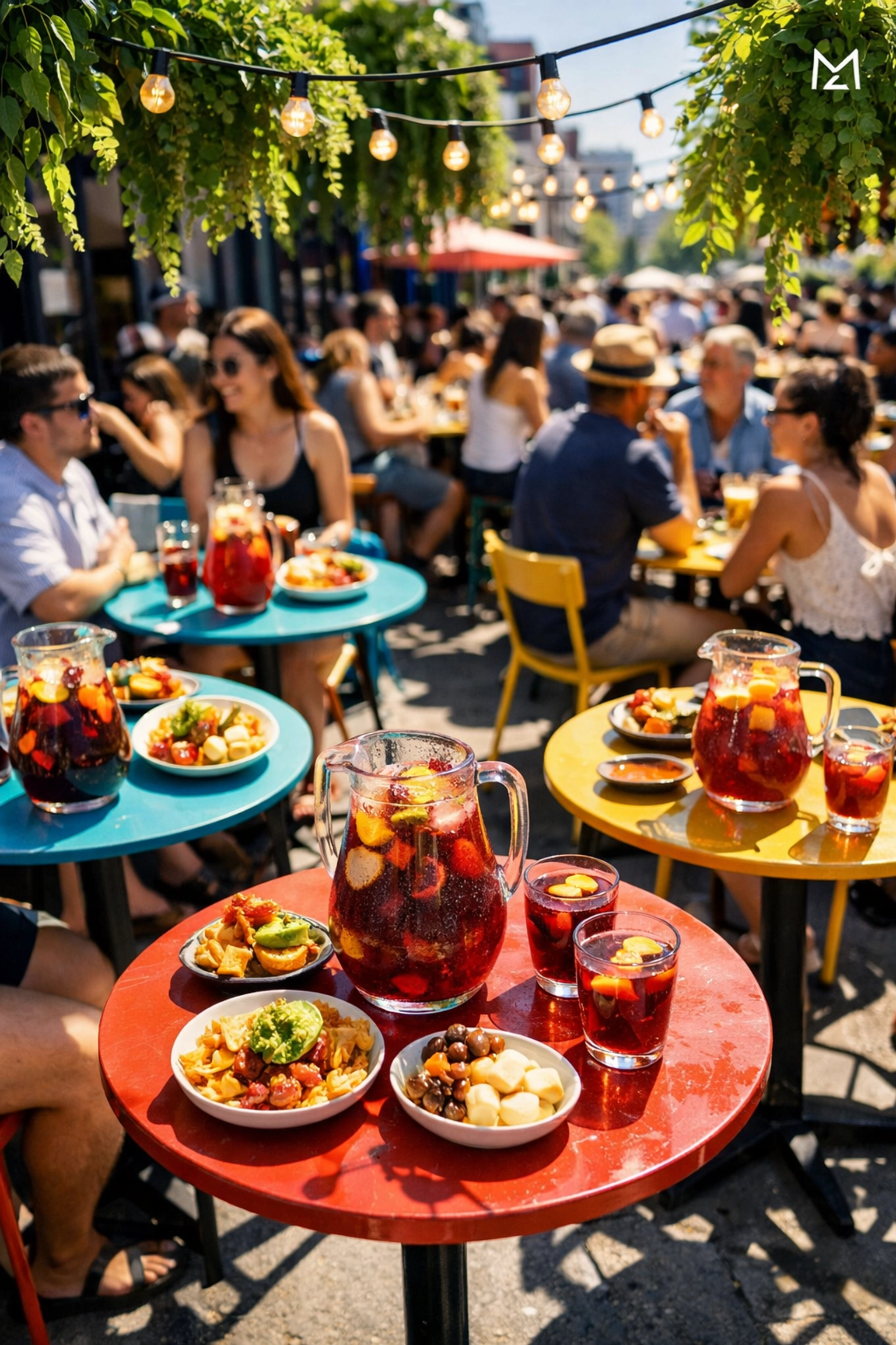 Crowded outdoor terrace in Montreal during summer with friends enjoying drinks and sunshine.