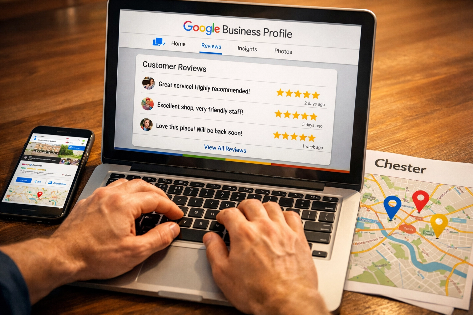 Business owner managing Google Business Profile with local map and customer reviews for Chester