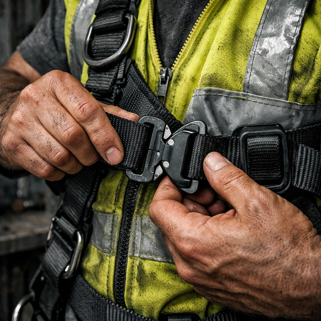 Utility worker adjusting a safety harness to ensure proper fit under the new OSHA PPE Fit Standard.