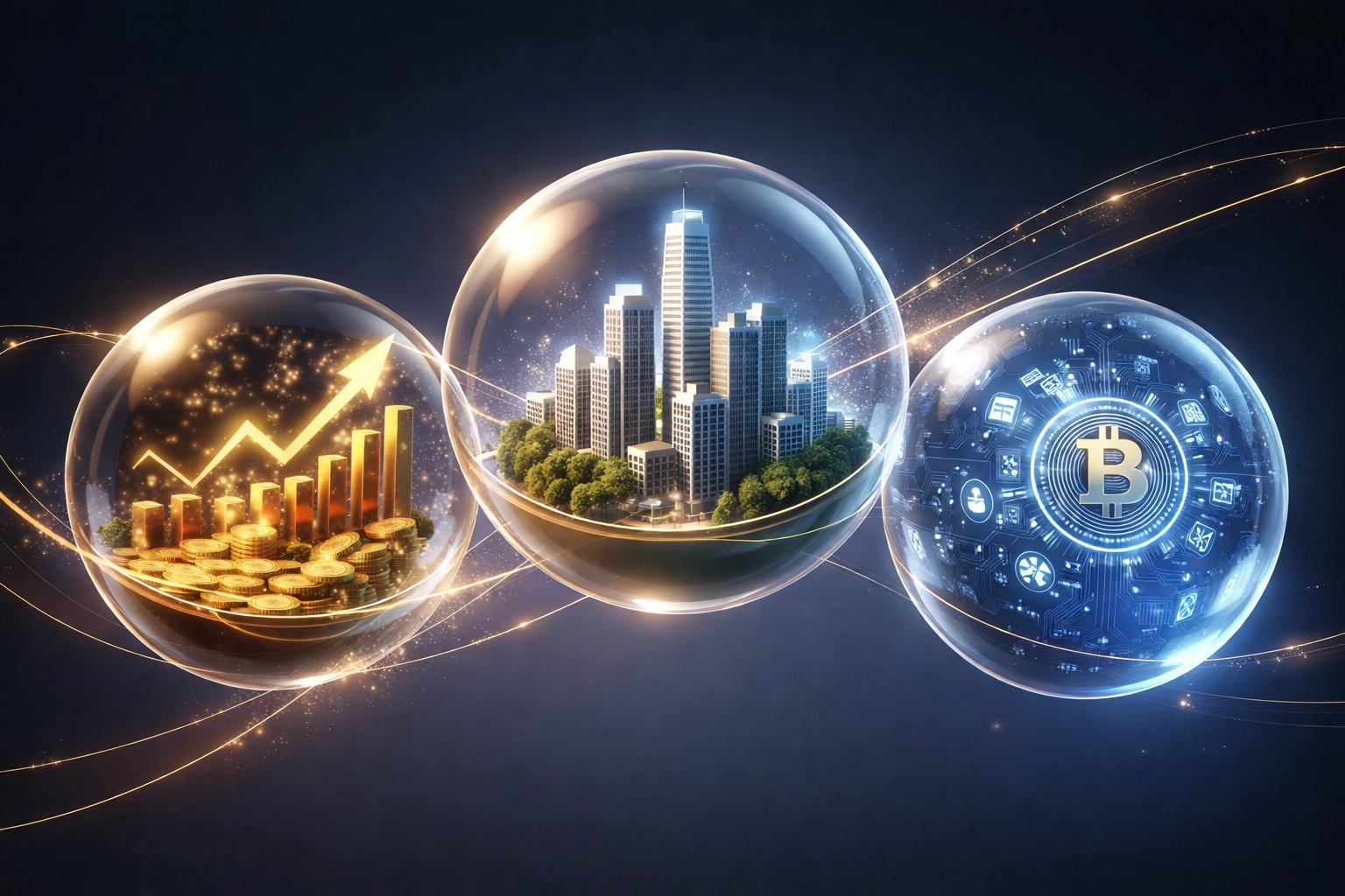 Three interconnected spheres showing stocks, real estate, and crypto, illustrating the 40/30/30 portfolio diversification strategy for accredited investors.