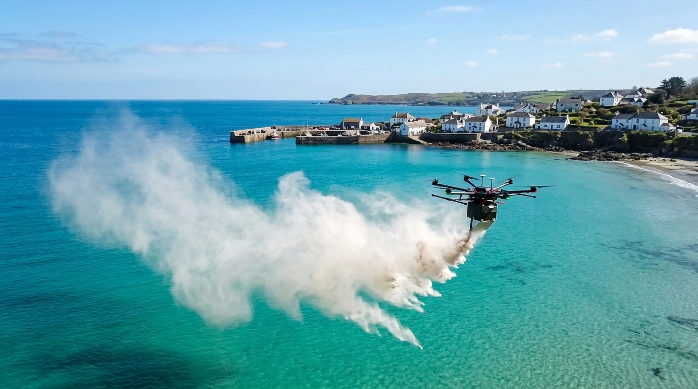 A professional drone dispersing ashes over the clear blue waters of Coverack bay