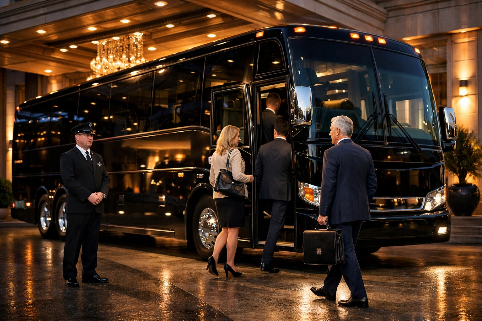 Luxury charter bus with business executives boarding for Super Bowl corporate transportation