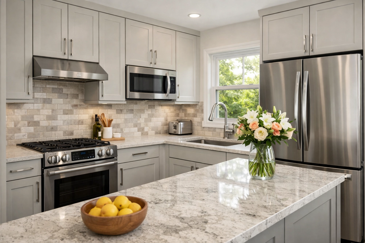 Modern kitchen remodeling Orlando with flat-panel cabinets and subway tile backsplash