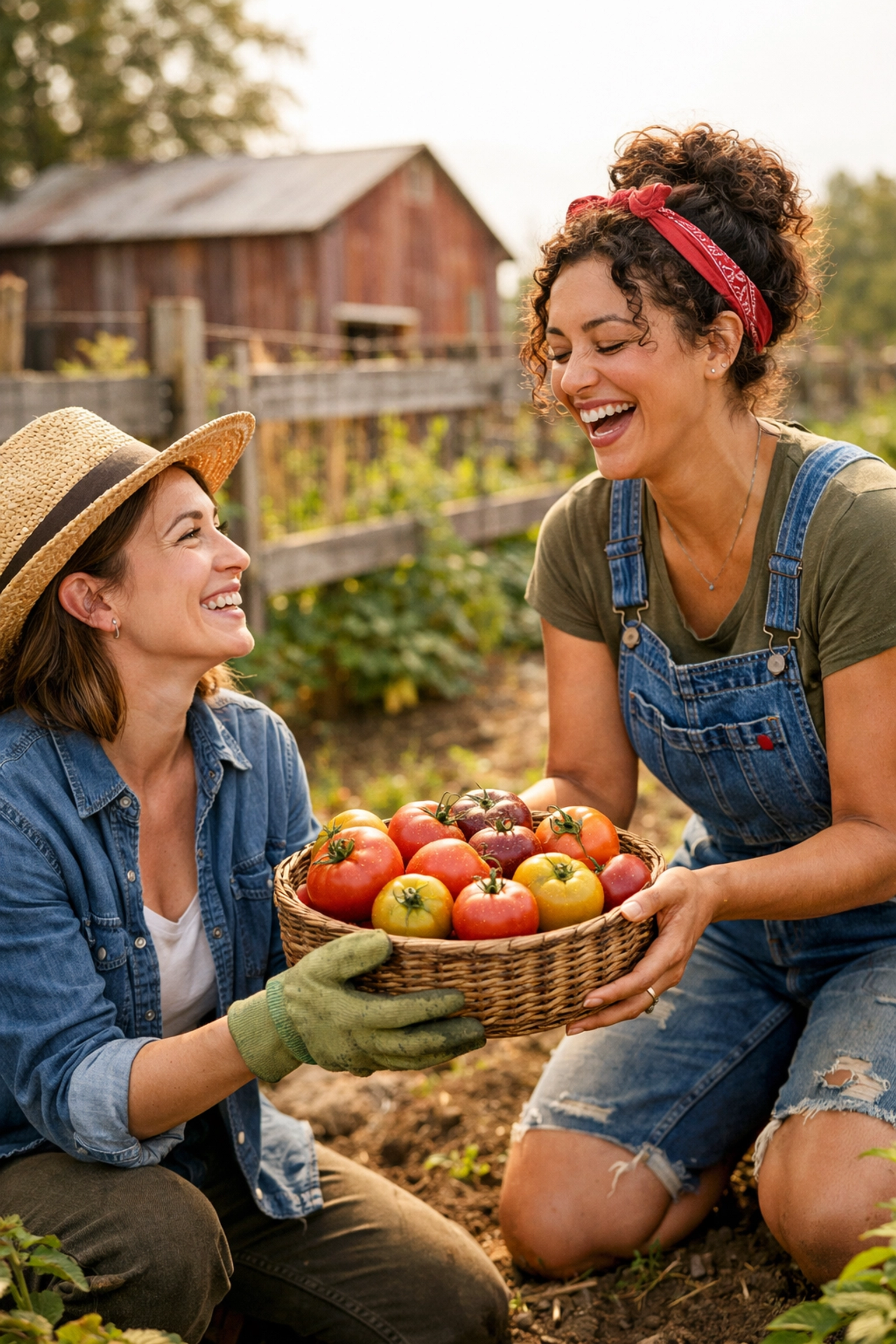 A joyful lesbian couple gardening in a rural setting, showcasing trans joy and happy queer love stories.