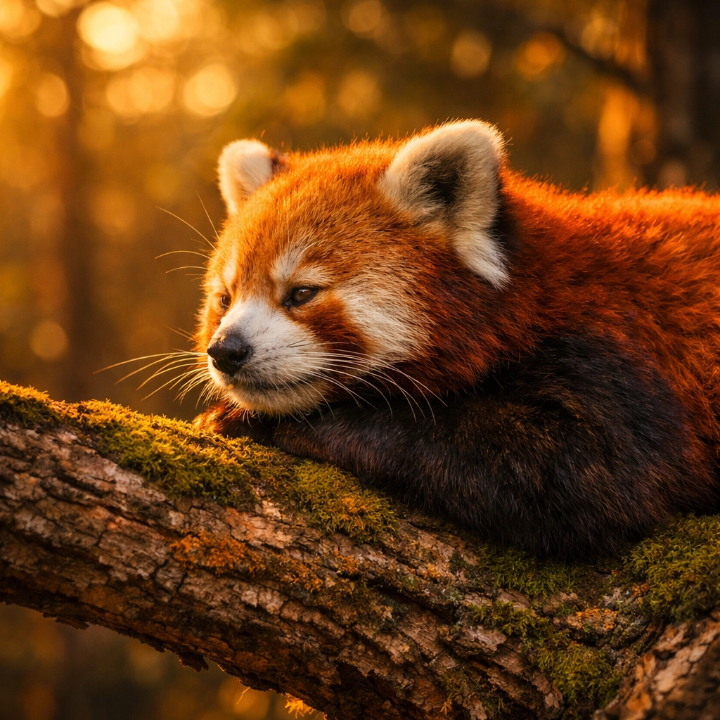 Red panda resting on a branch in warm golden hour light, showing natural texture for zoo stock photography.