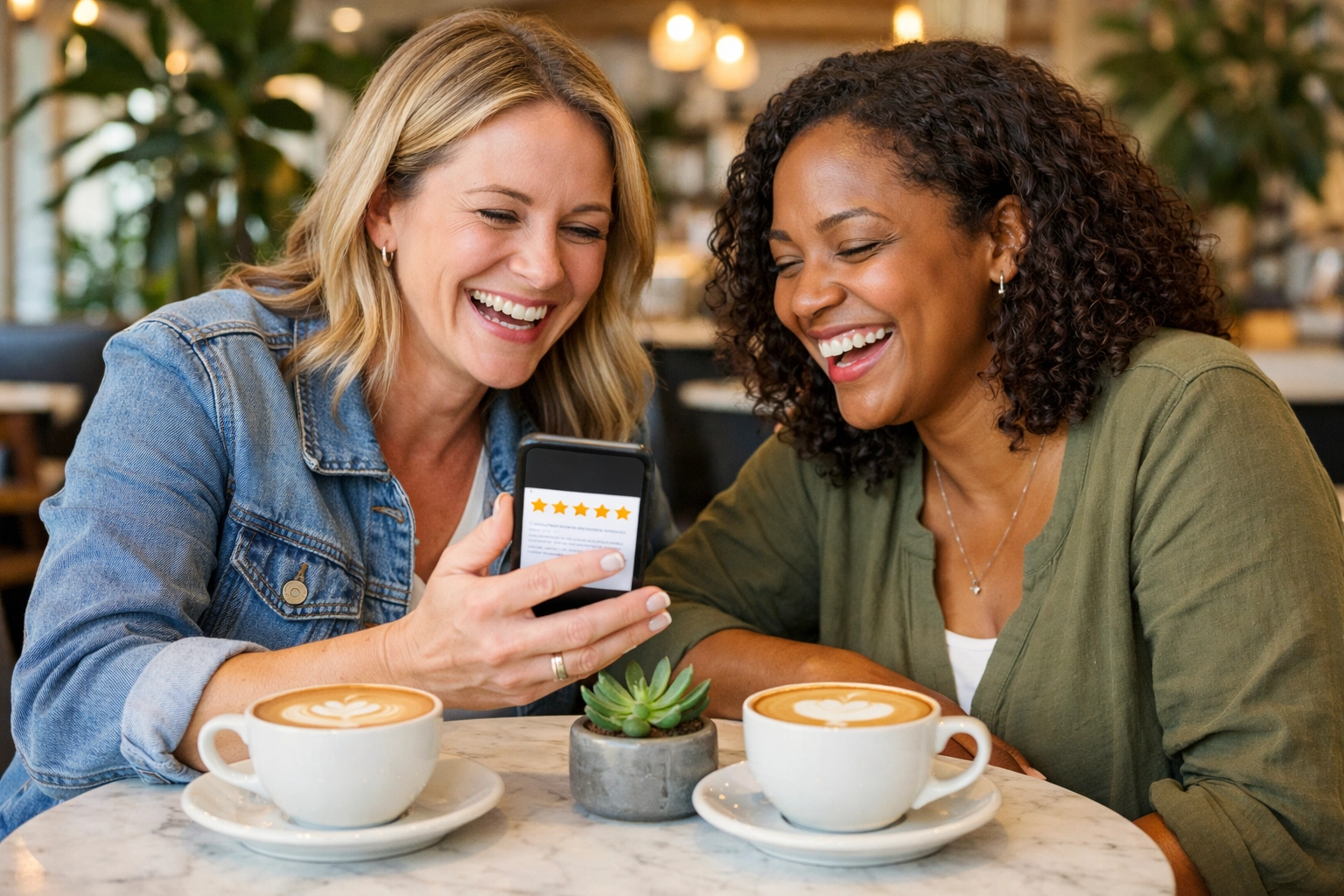 Friends sharing a local business review at a woman-owned coffee shop in Stafford County, Northern Virginia.