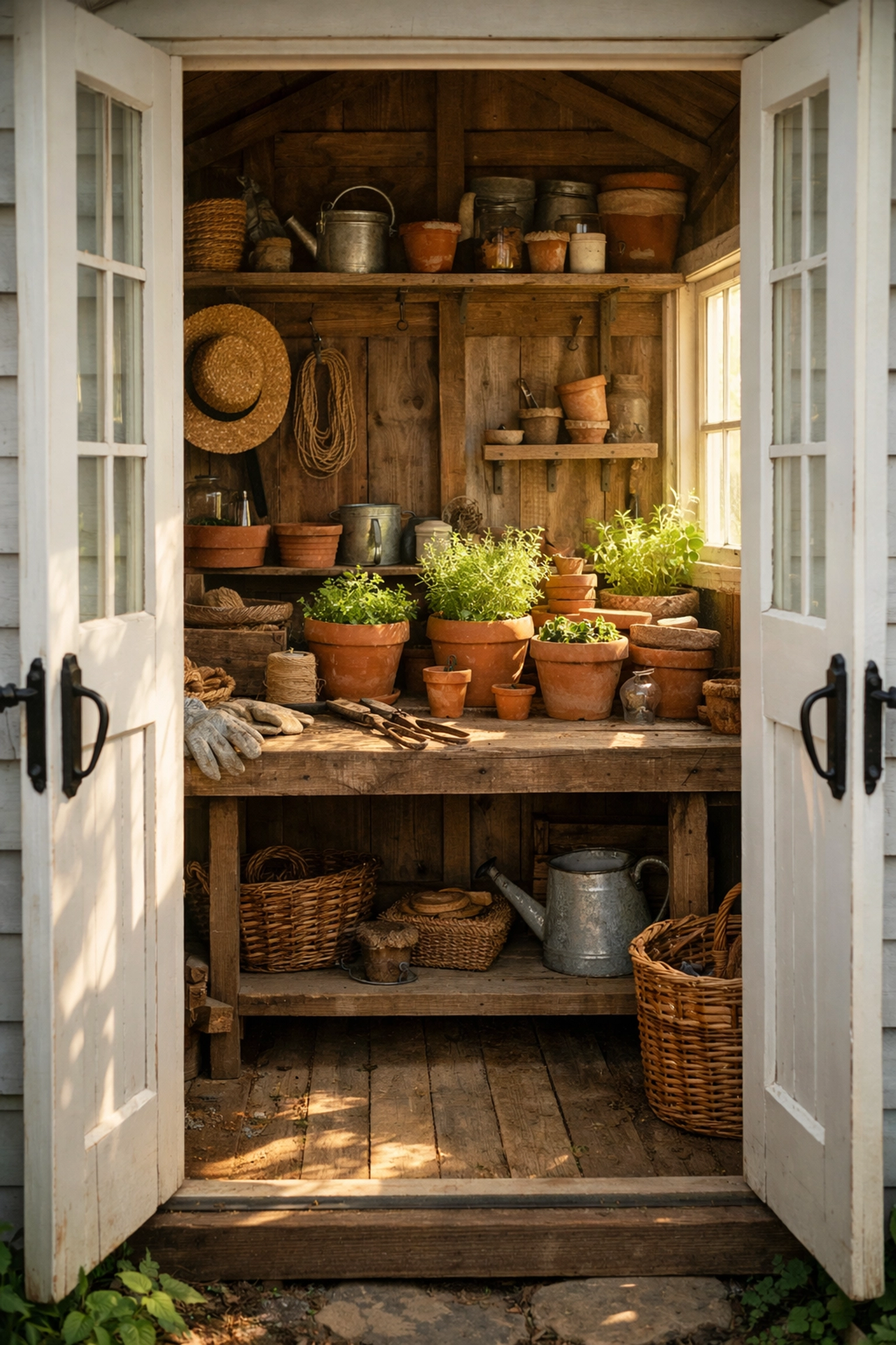 Interior view of a Nantucket shed converted into a cozy garden potting sanctuary with sunlight.