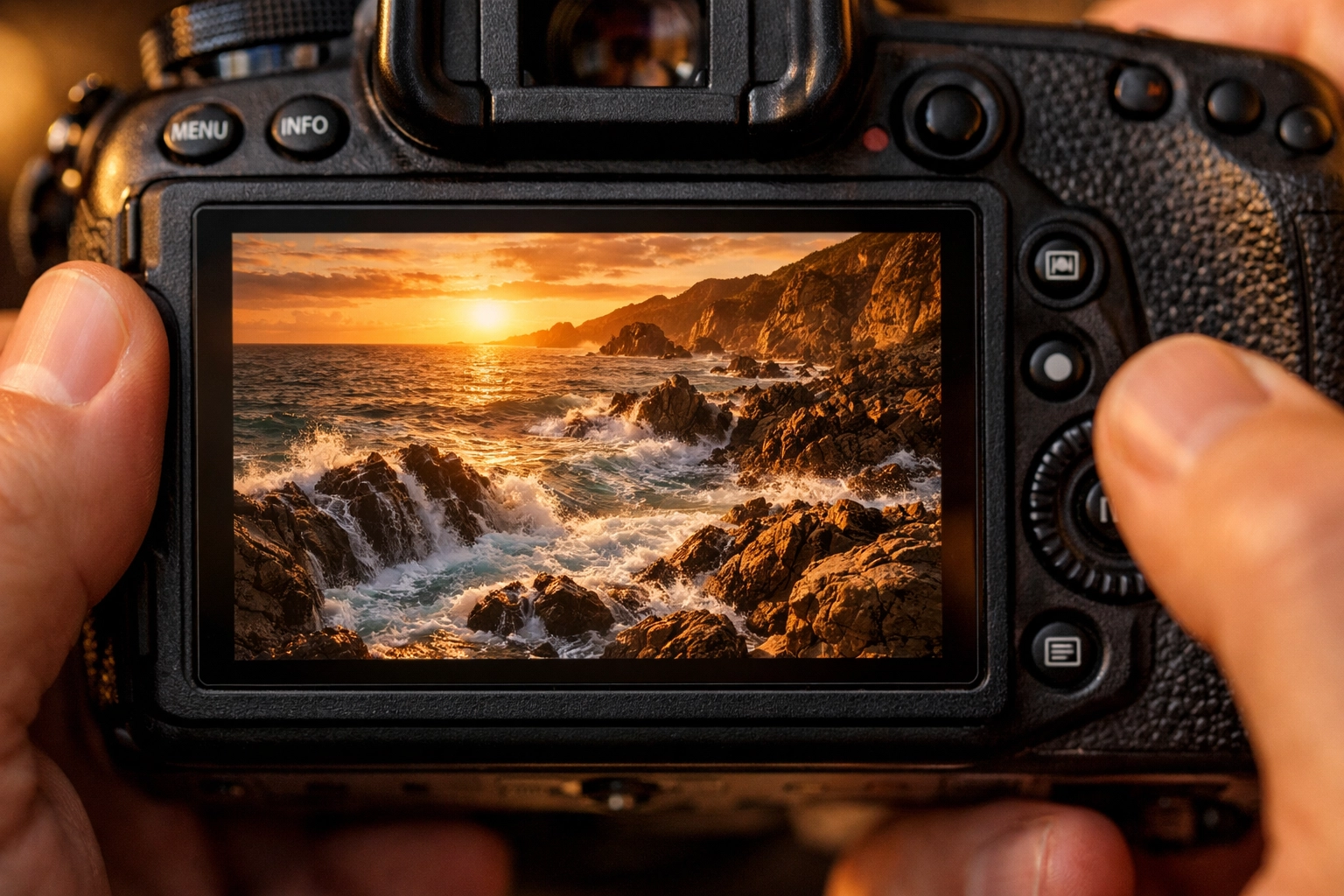 High-resolution landscape image on a camera screen, showcasing professional photography standards.