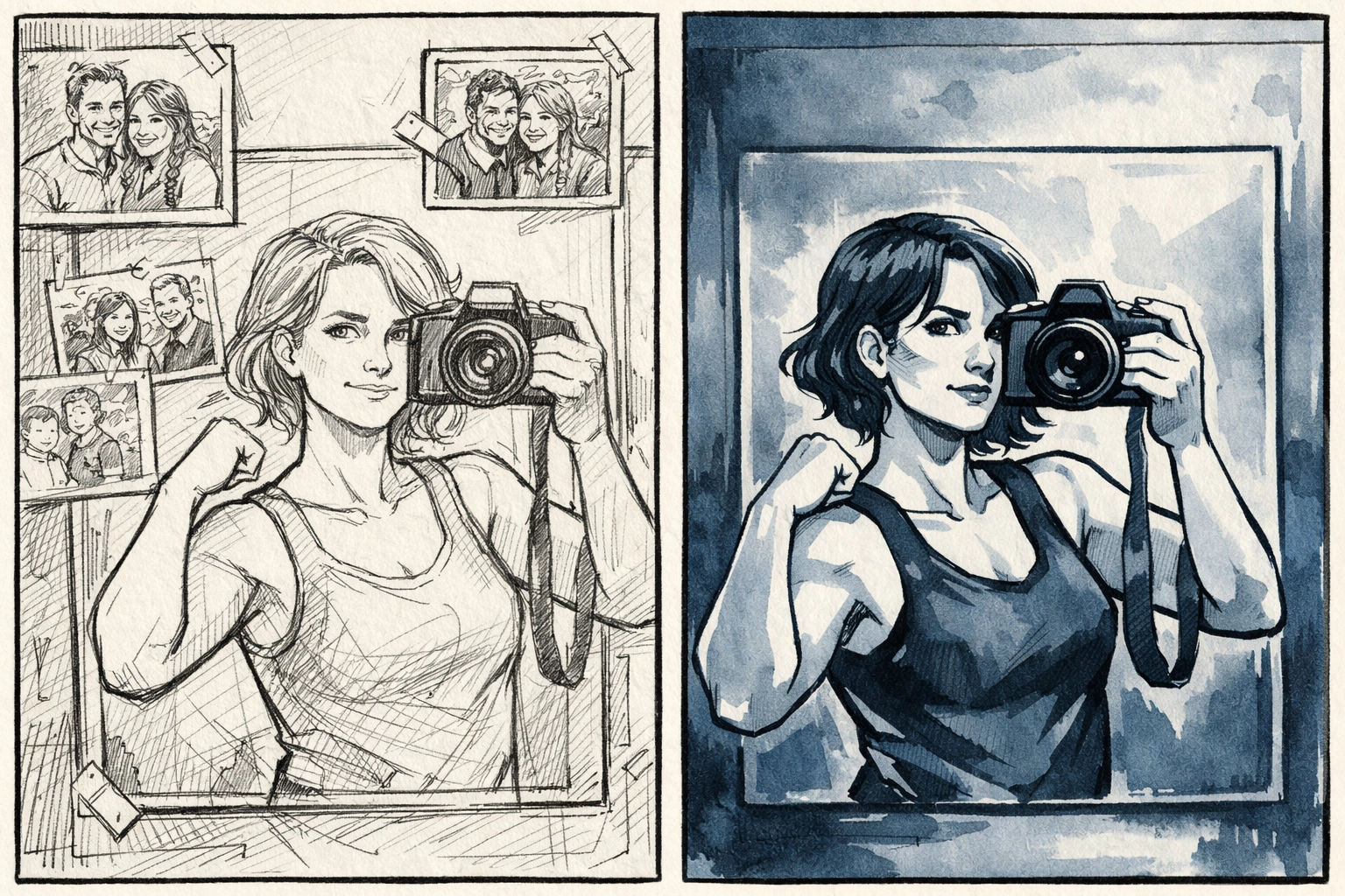 Alison Bechdel's creative process for Fun Home graphic memoir showing reference photo to finished art