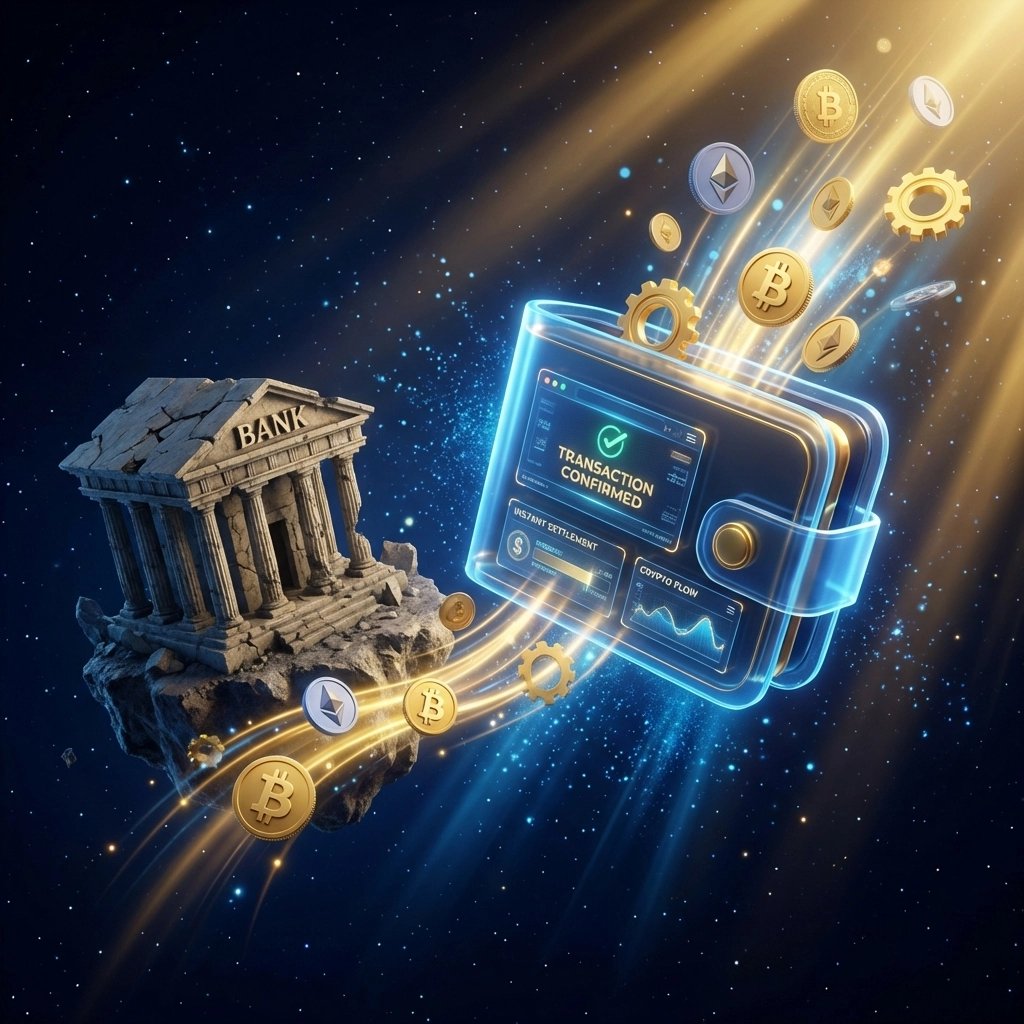 Futuristic crypto wallet receiving digital coins, symbolizing faster payment settlement and reduced interchange fees with Web3.