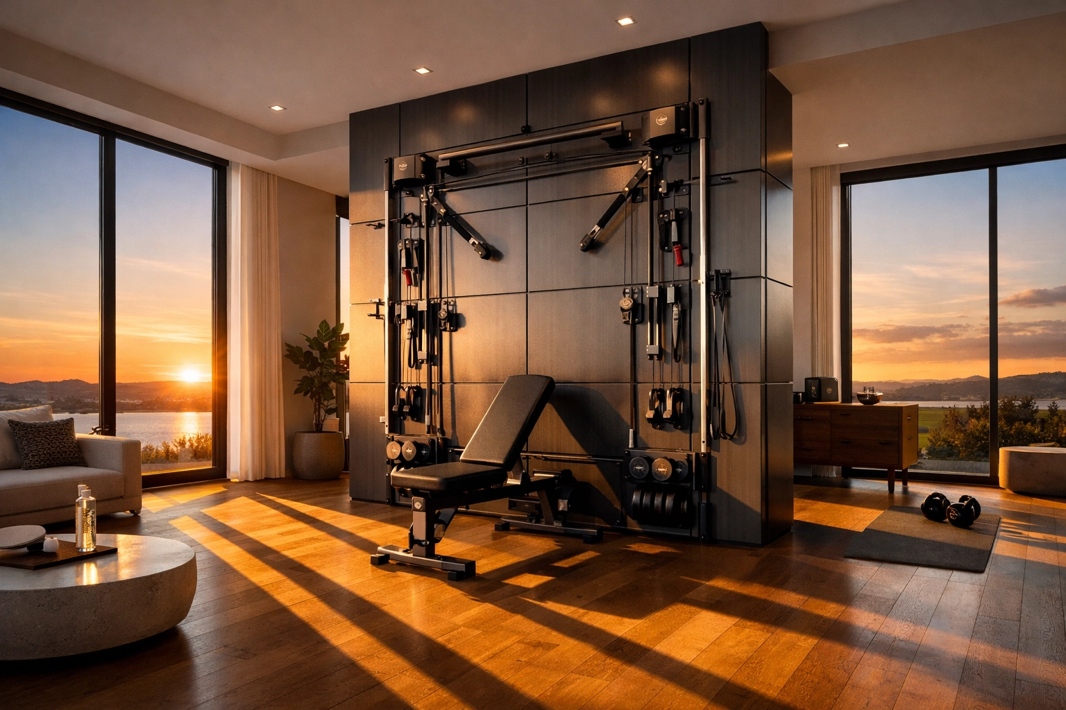 A minimalist home gym featuring the Resistance Rail no wall damage workout system.
