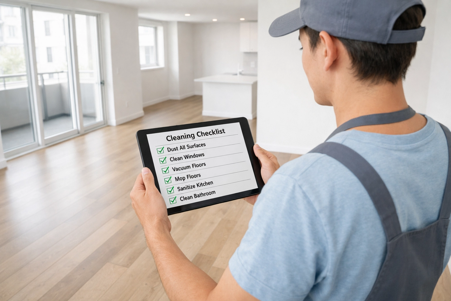 Professional cleaner using digital checklist for apartment turnover cleaning inspection