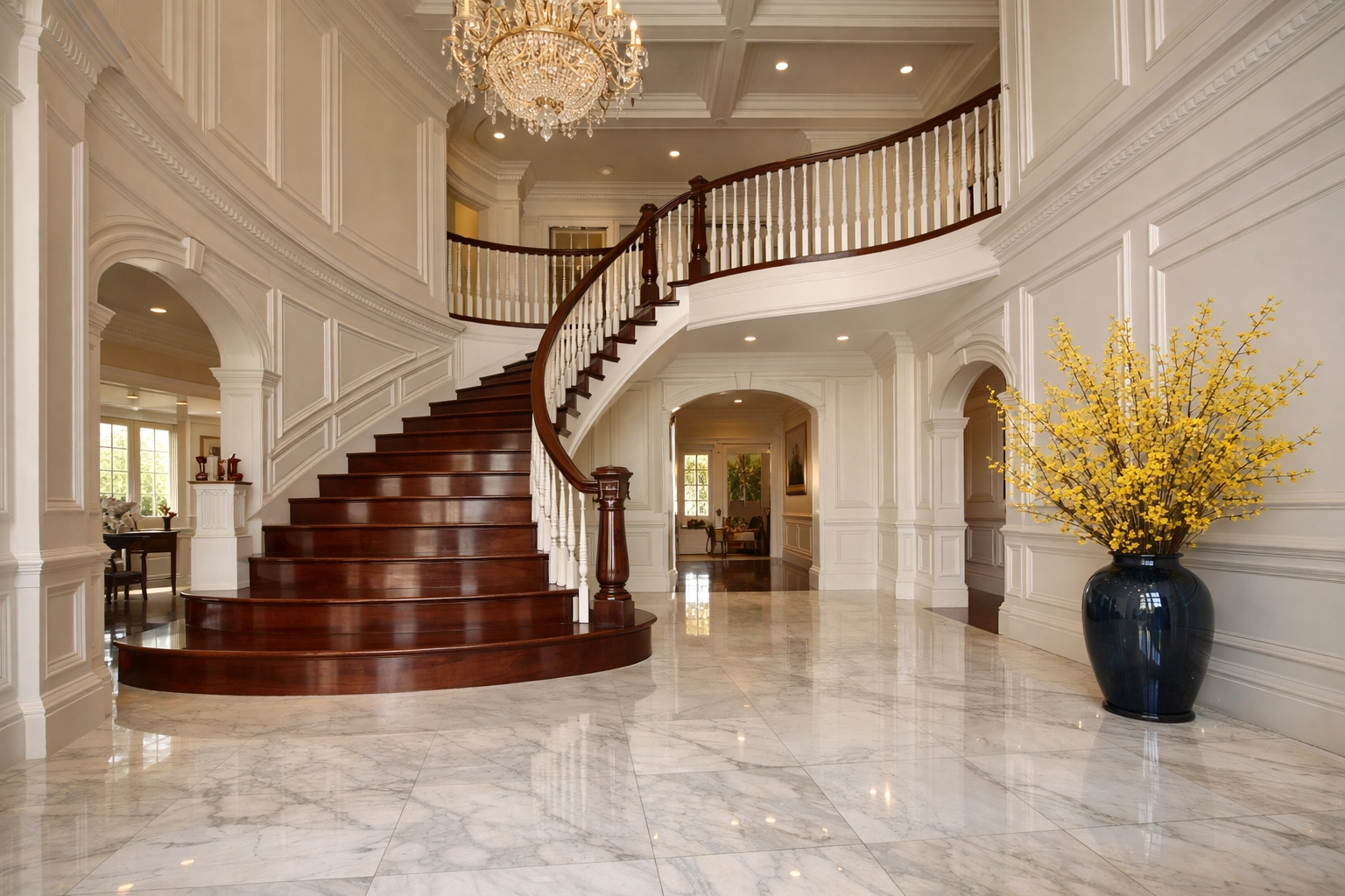 Immaculate foyer in a Dover home highlighting residential cleaning Massachusetts standards for high-end estates.