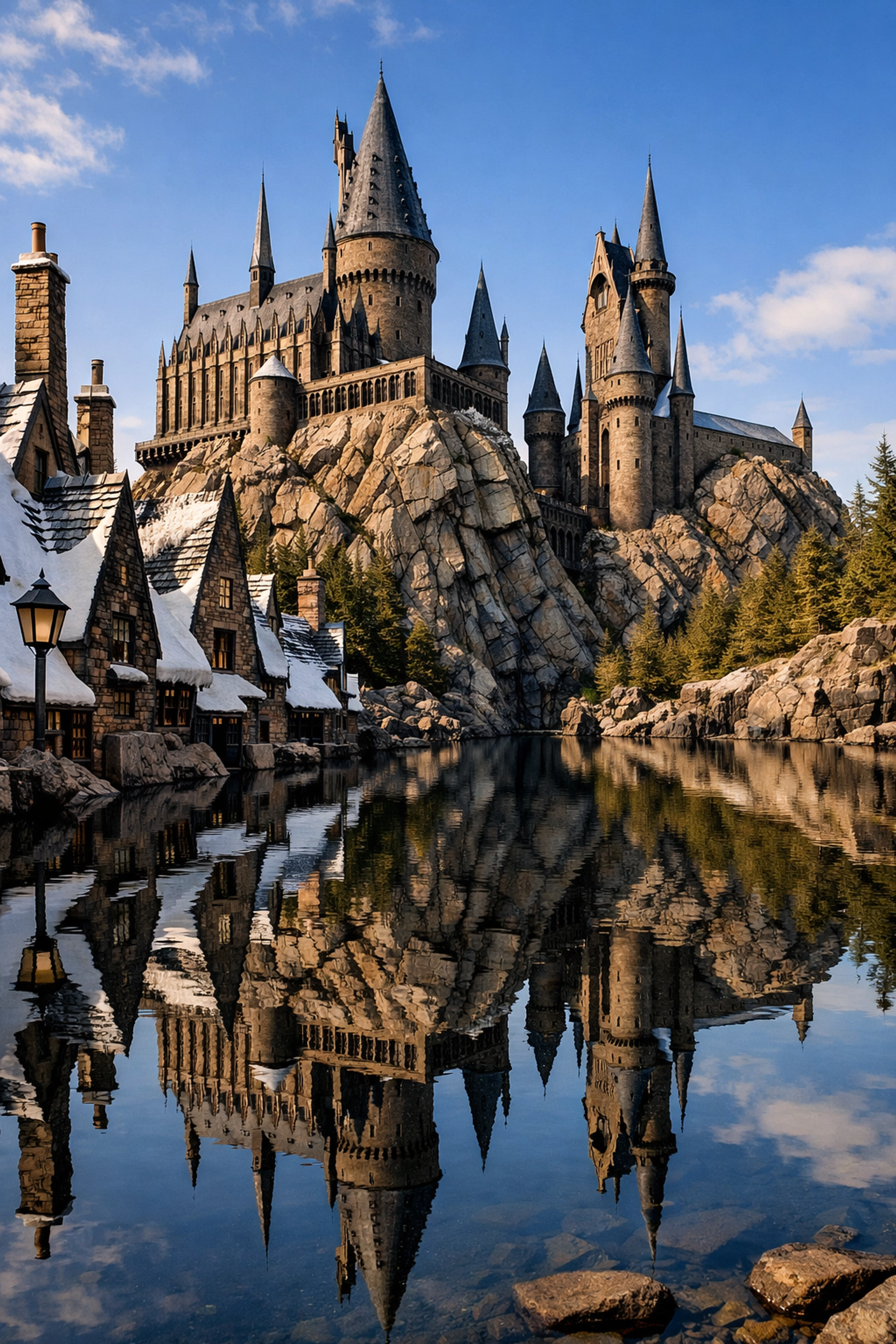 Hogwarts Castle reflection at the Wizarding World, a must-visit photo spot for stunning architectural shots.