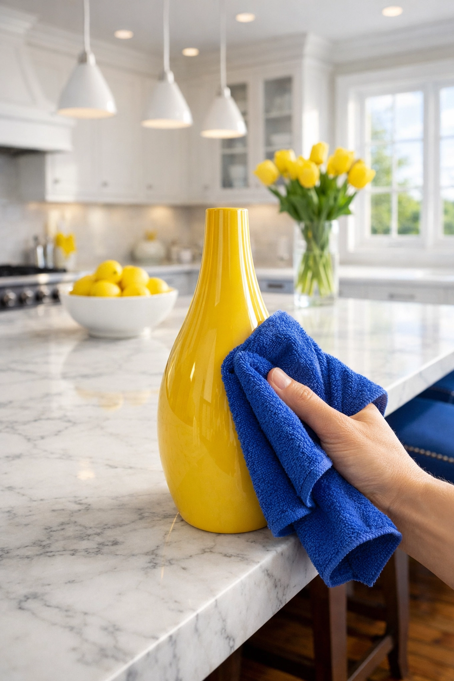 Meticulous Dover luxury cleaning of a bright kitchen with Carrara marble countertops and white crown molding.