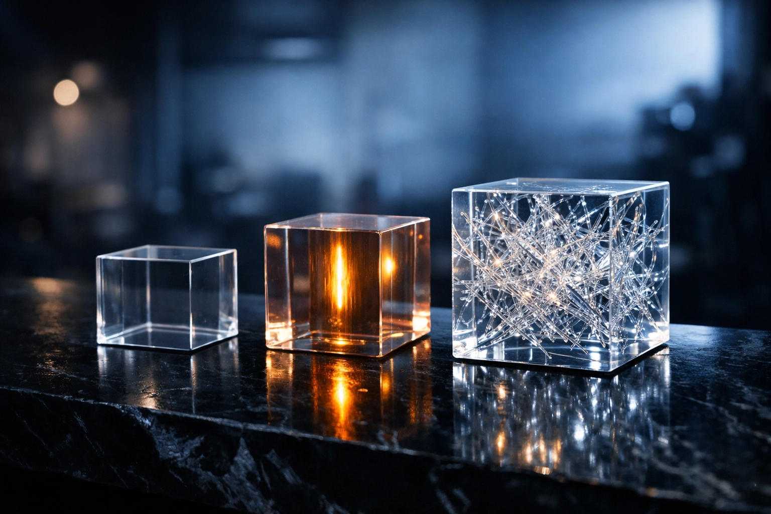 Three glass models depicting the evolution of OpenClaw features automation from basic logic to autonomous reasoning.