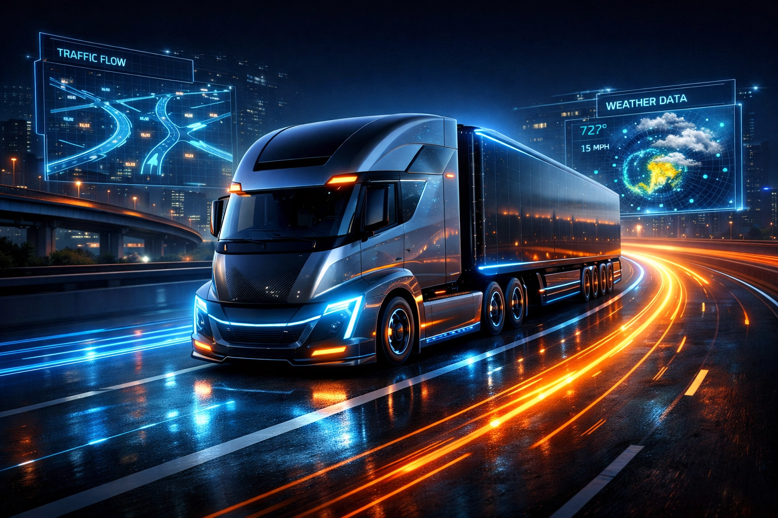 KI in der Logistik: Smarte Routenoptimierung durch Echtzeit-Datenanalyse auf einer vernetzten Autobahn.